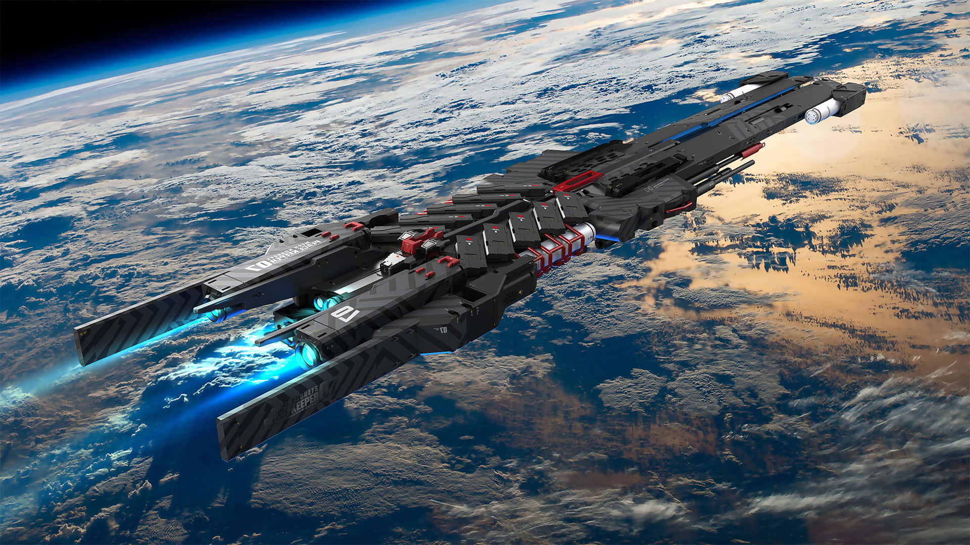 spacecraft, sleek black spaceship, glowing blue engines, Full HD Desktop Wallpaper