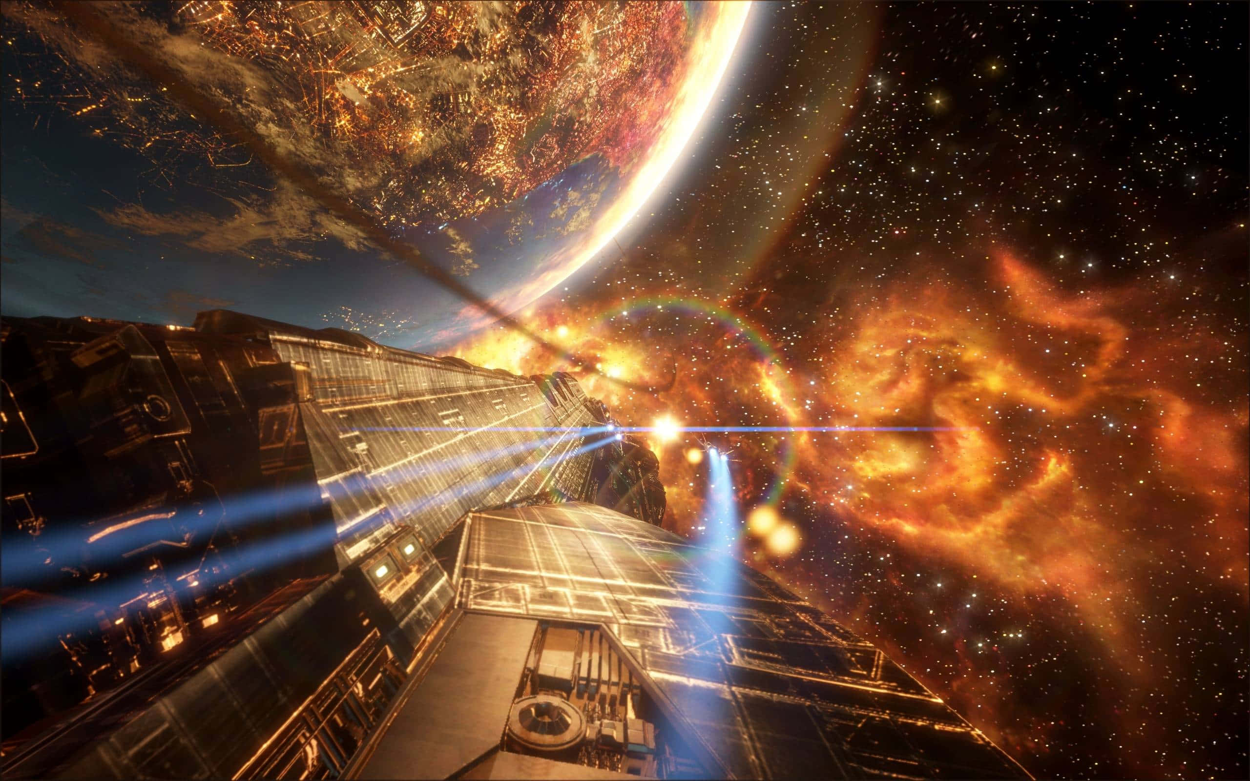 futuristic spacecraft, vibrant nebula, glowing planet, 2K Desktop Wallpaper