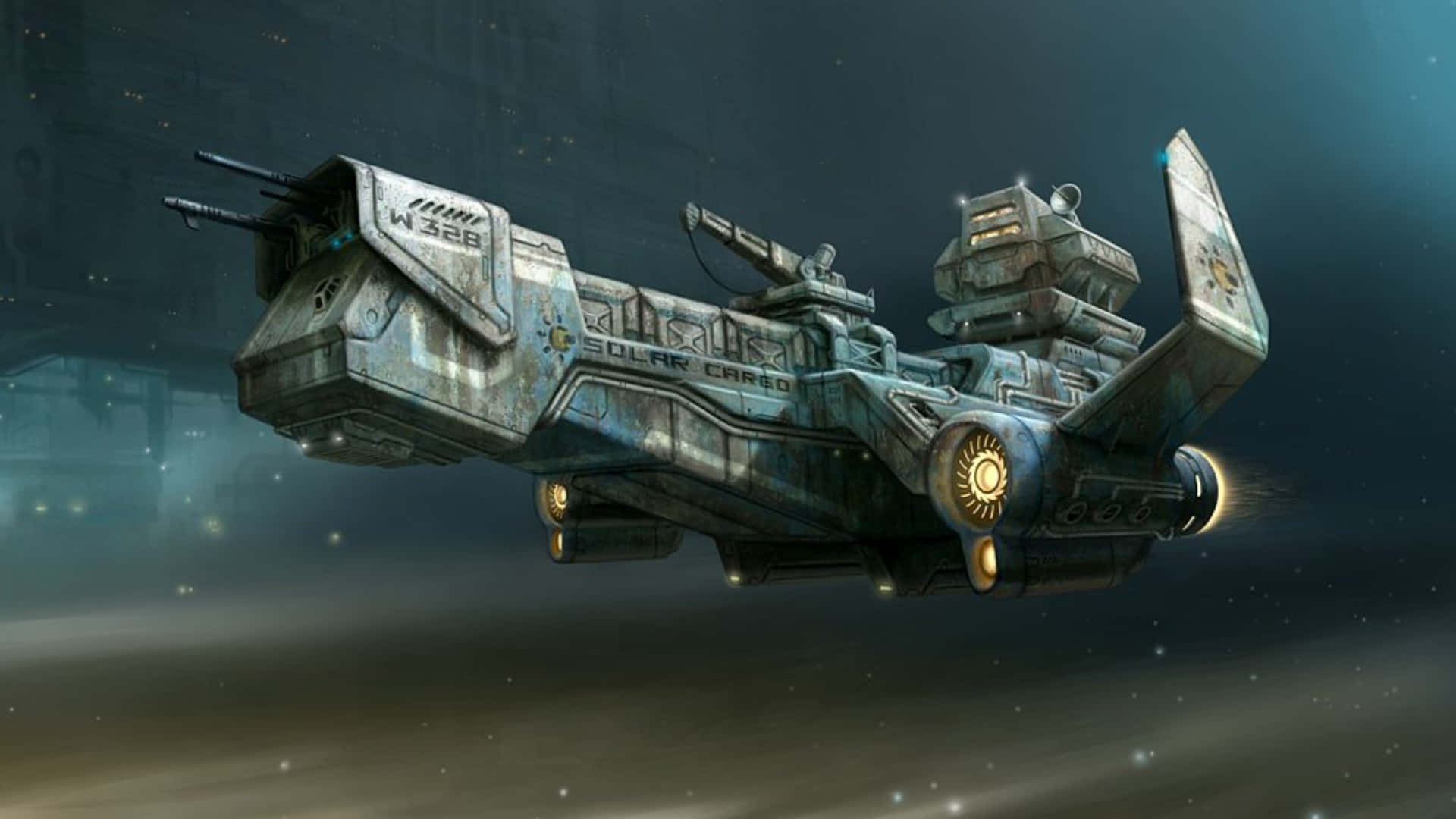 futuristic spaceship, glowing engines, starry cosmic void, Full HD Desktop Wallpaper