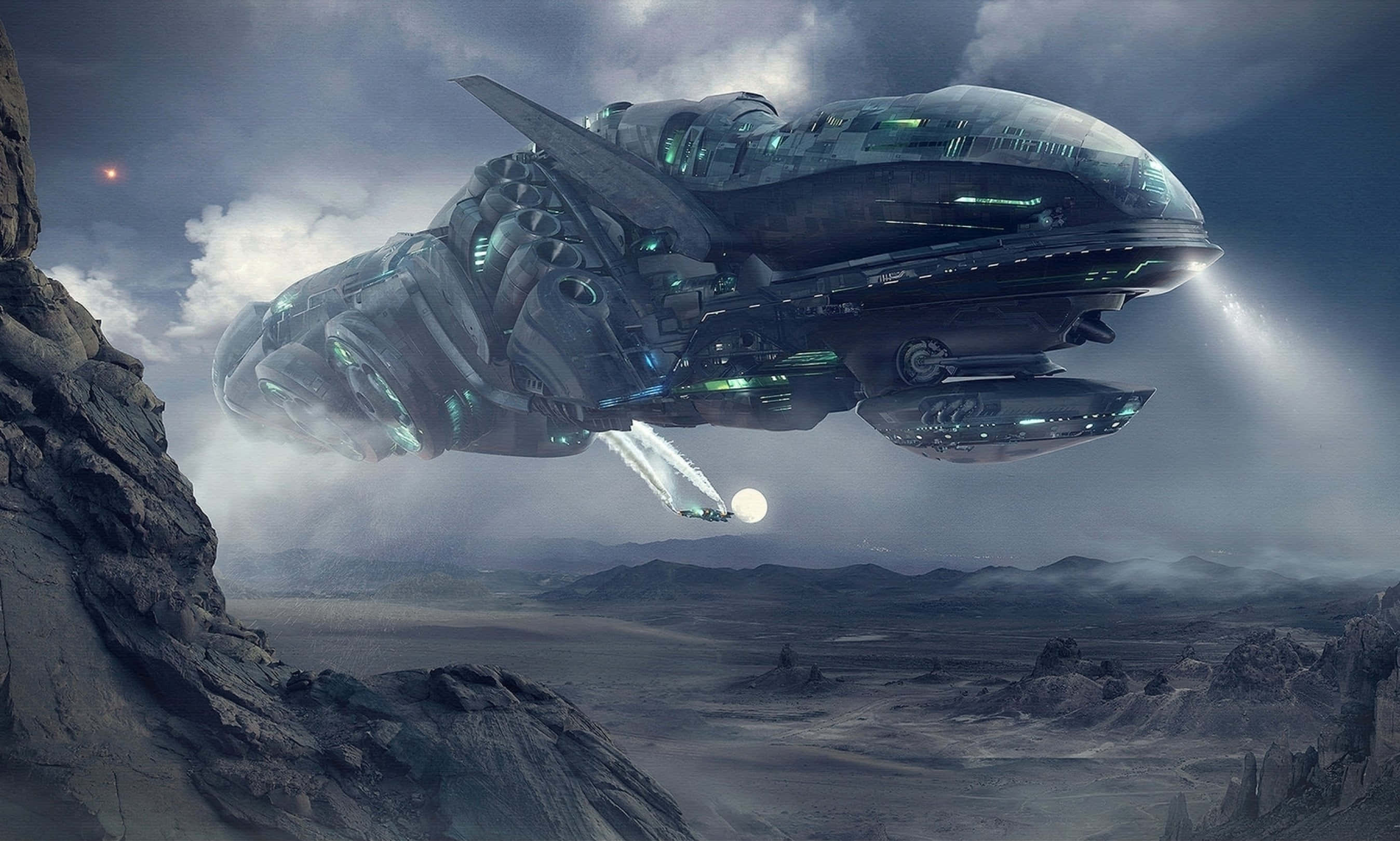 futuristic spaceship, glowing blue lights, desolate rocky planet, 2K Desktop Wallpaper