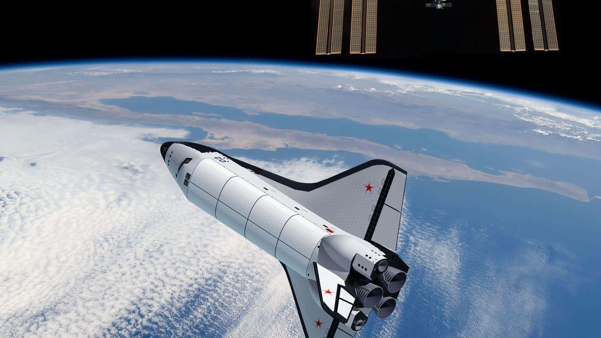 white space shuttle, red stars, Earth, Full HD Desktop Wallpaper