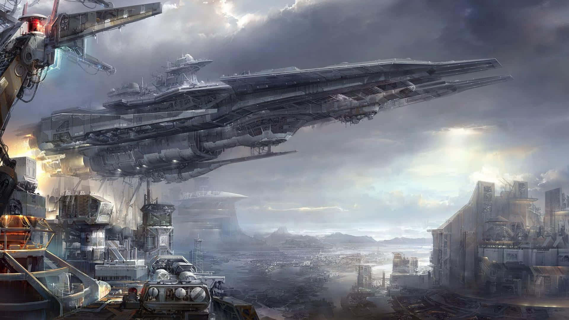 Spacecraft, futuristic spaceship, decaying industrial cityscape, Full HD Desktop Wallpaper
