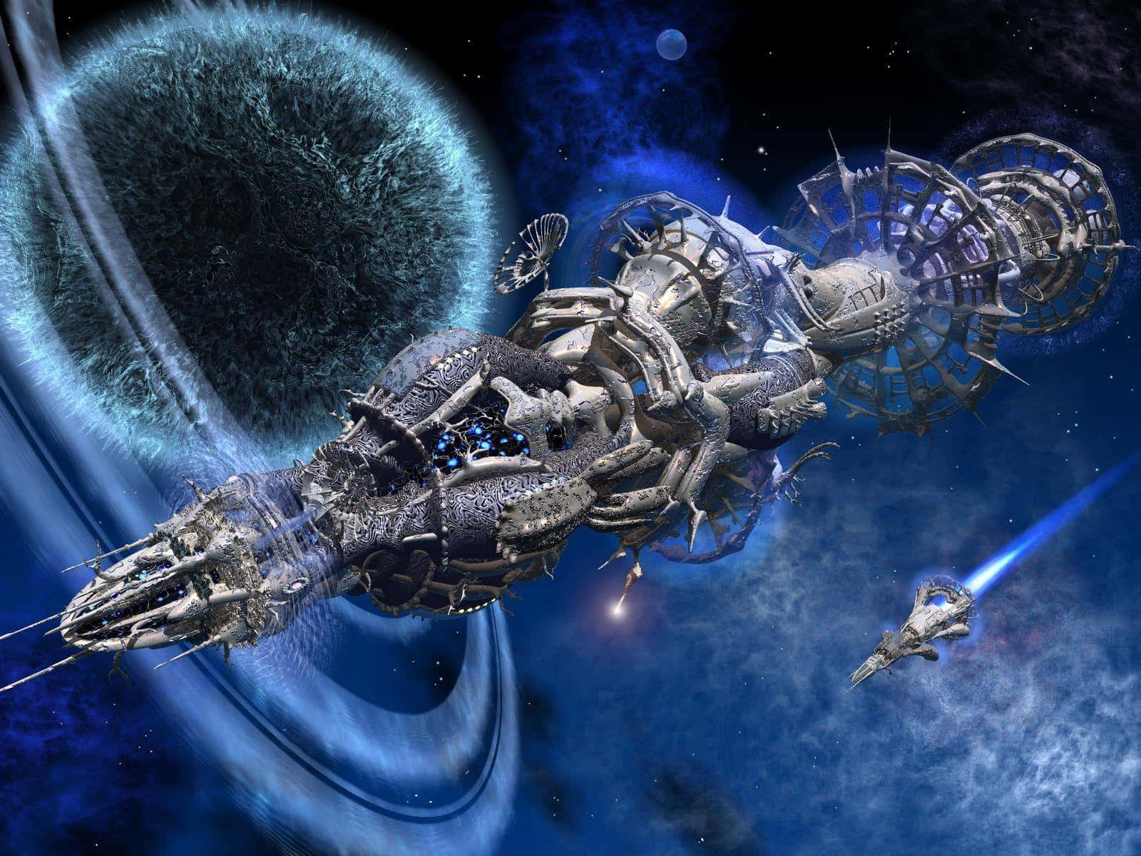 Spacecraft, glowing blue engines, swirling blue planet, HD Desktop Wallpaper