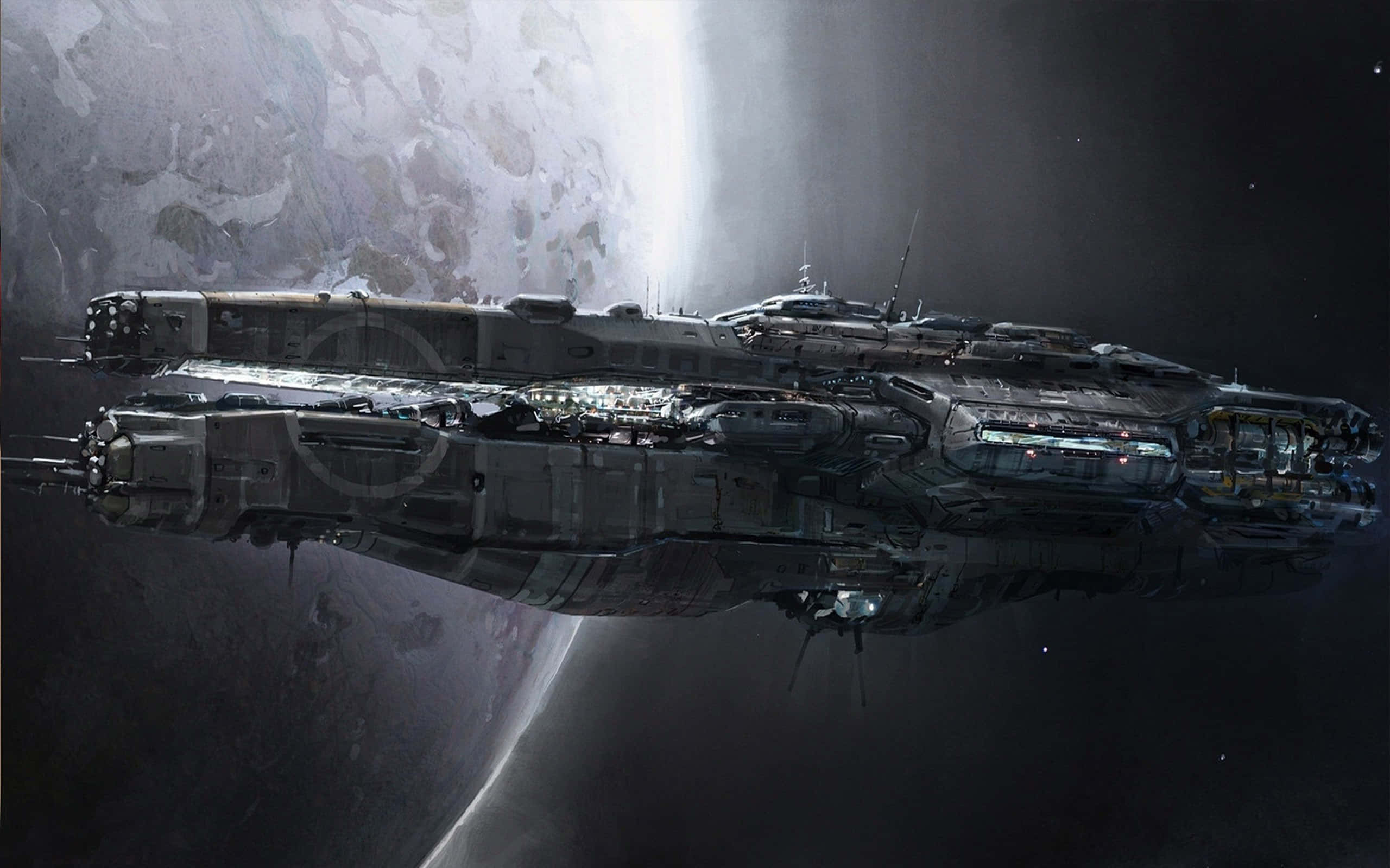Spacecraft, outer space, giant icy planet, 2K Desktop Wallpaper