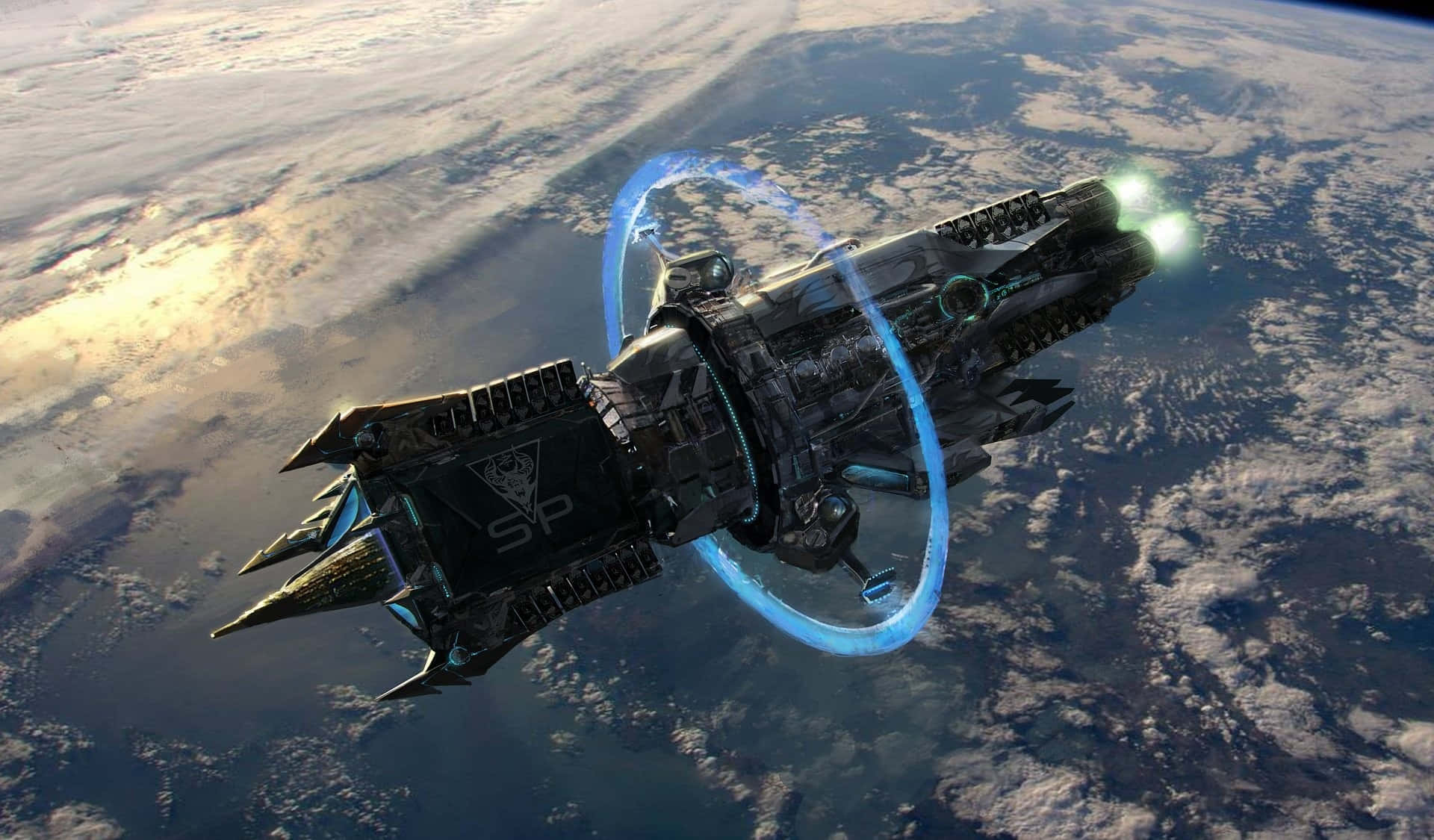 futuristic spaceship, glowing engines, blue energy trail, Full HD Desktop Wallpaper