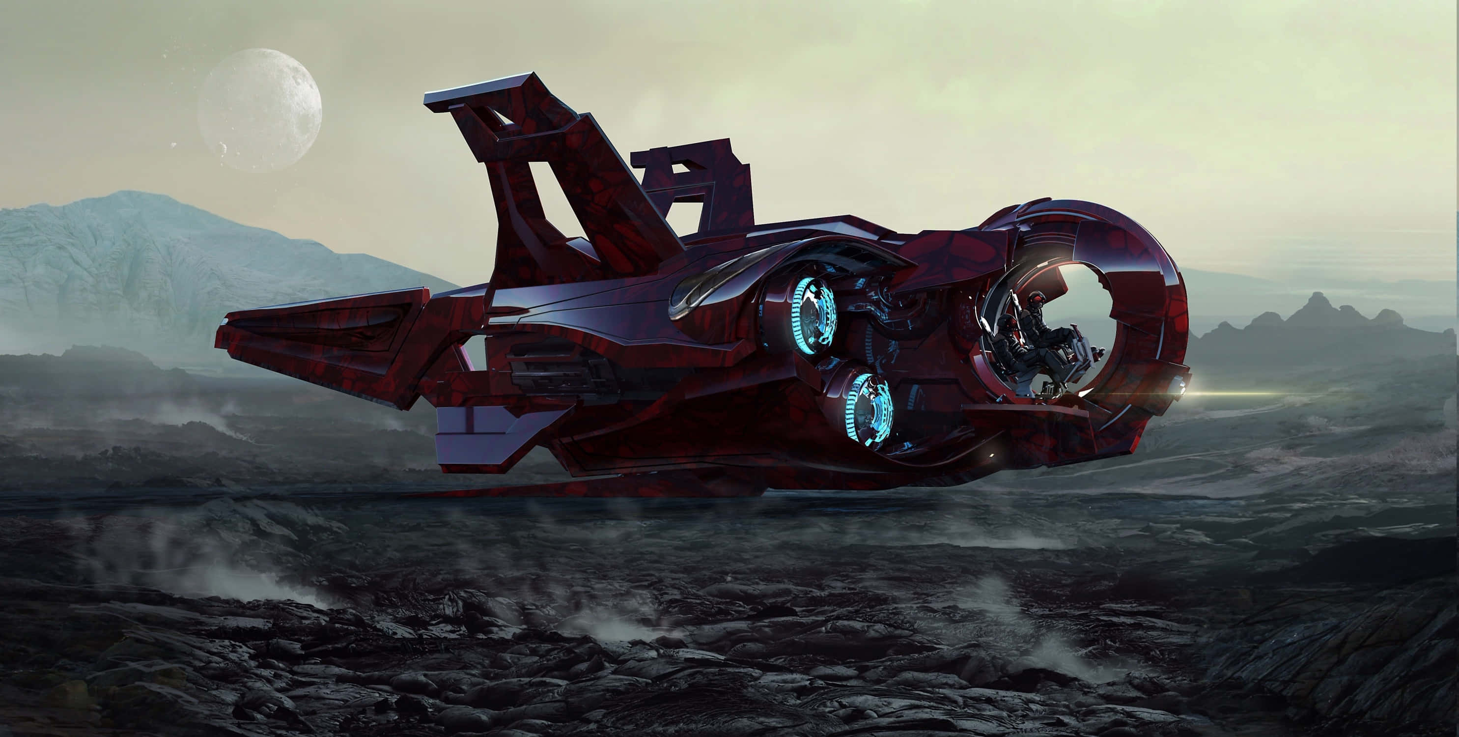 futuristic spacecraft, sleek red spaceship, rugged alien landscape, 2K Desktop Wallpaper
