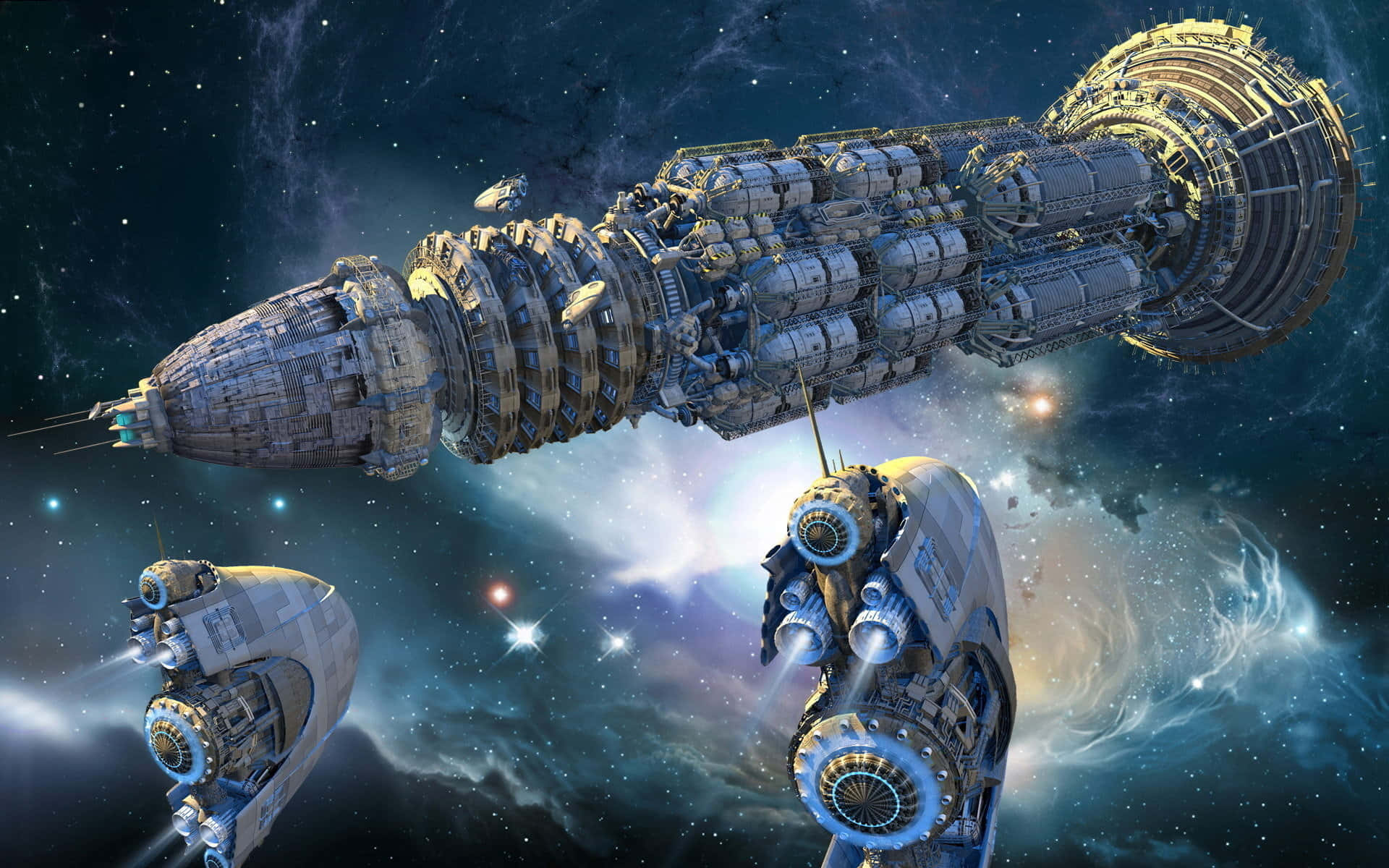 Spacecraft, Moon, cosmic nebula, Full HD Desktop Wallpaper