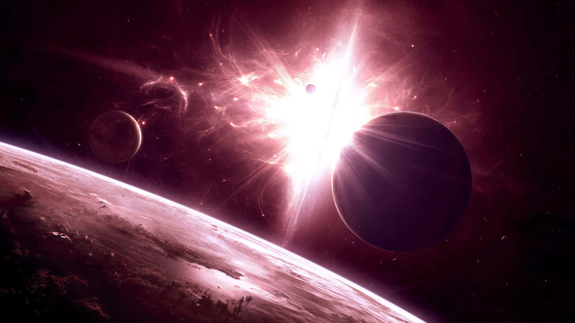 deep purple space backdrop, bright starburst, planets, Full HD Desktop Wallpaper