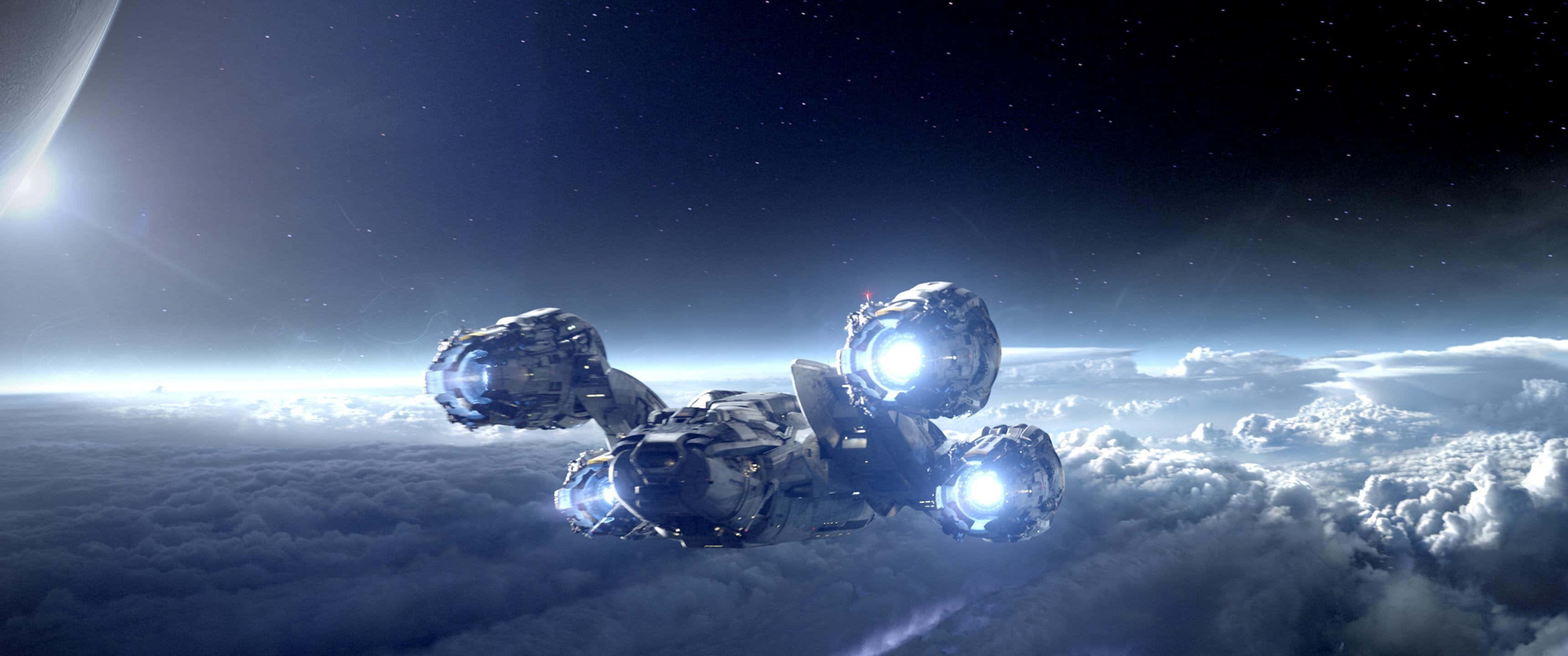 ultra wide 3440x1440, spaceship, glowing engines, 2K Desktop Wallpaper