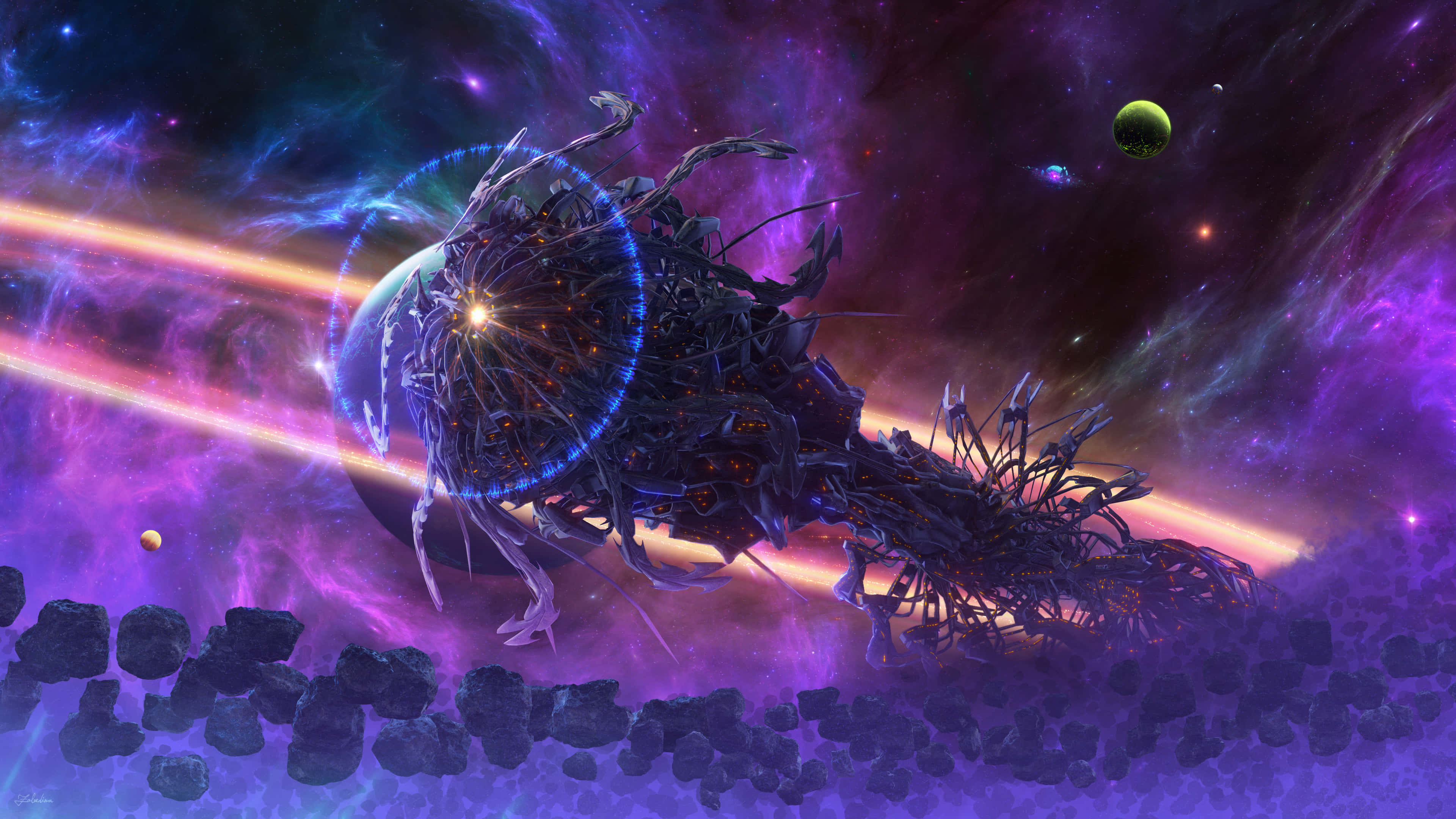 alien 4k, purple background, glowing blue rings, 4K Desktop Wallpaper