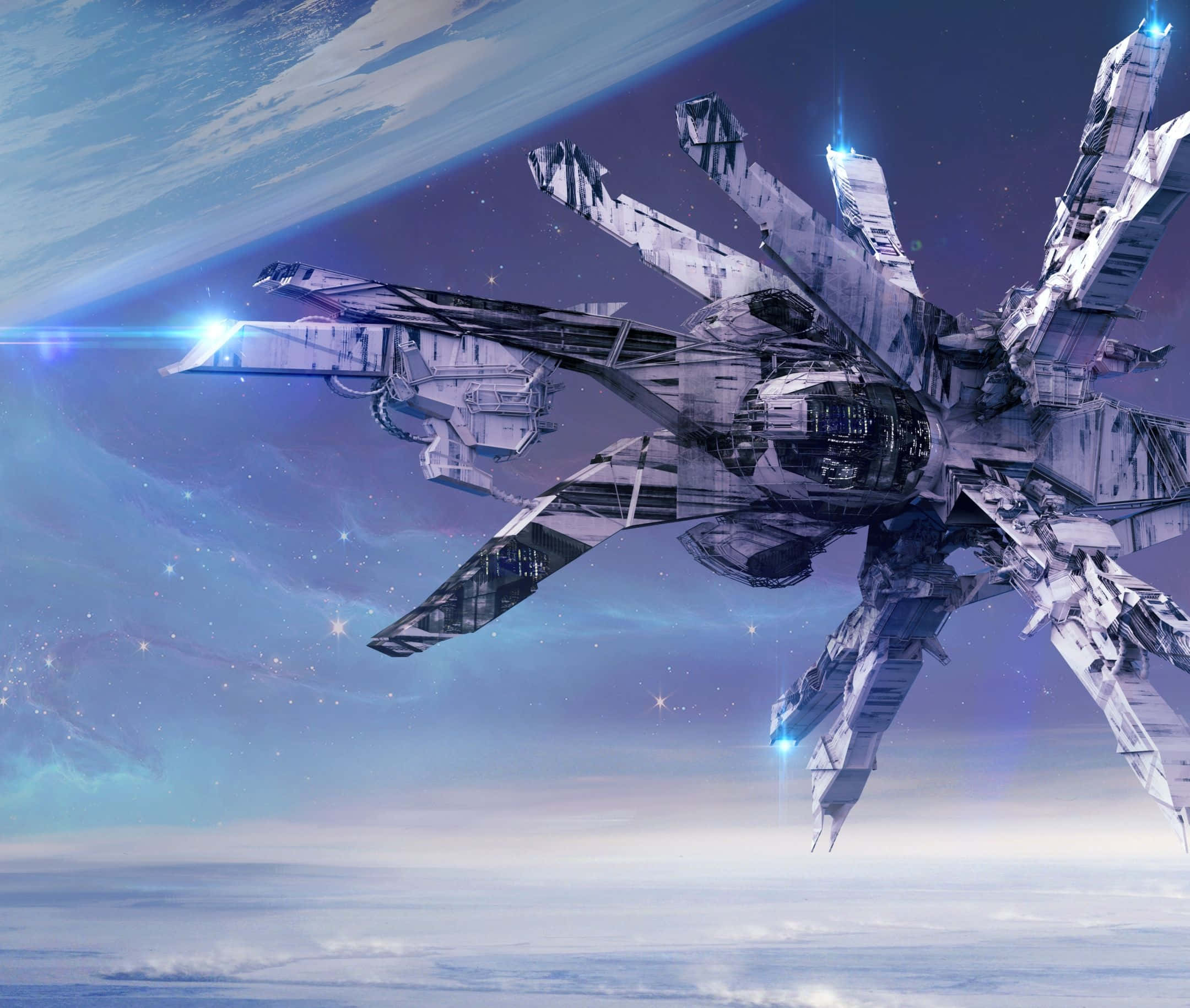 futuristic starship, glowing blue engines, planet's atmosphere, Full HD Desktop Wallpaper