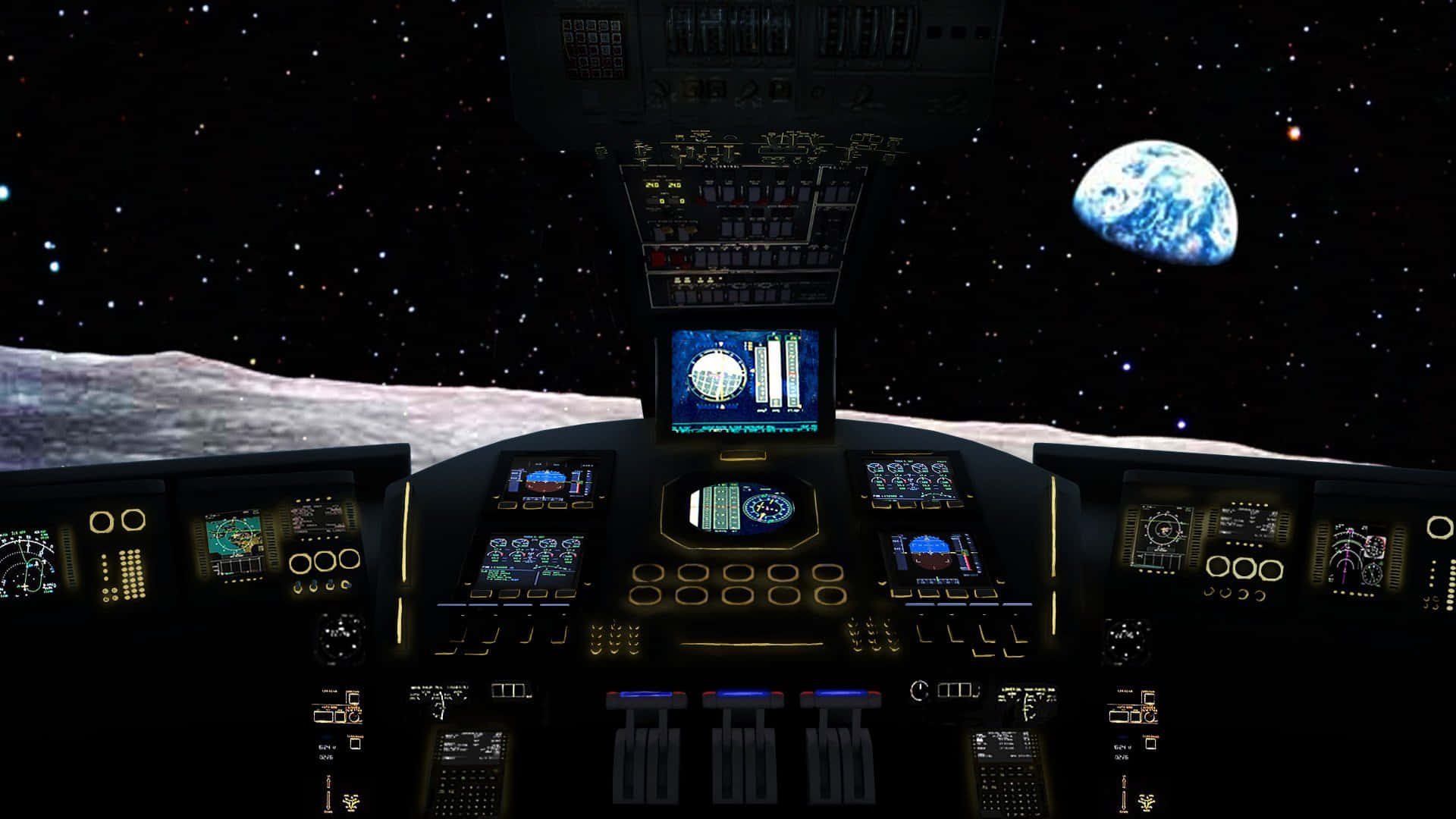 spaceship cockpit, glowing controls, starry void, Full HD Desktop Wallpaper