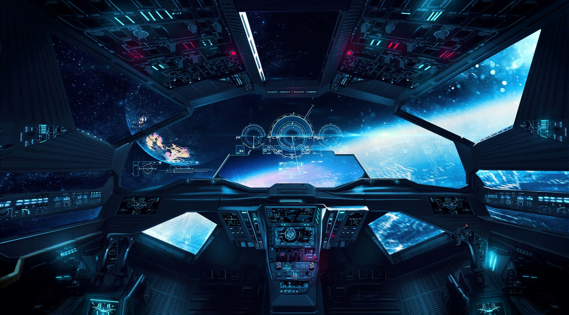 futuristic spaceship cockpit, glowing blue and red panels, vibrant blue planet, Full HD Desktop Wallpaper