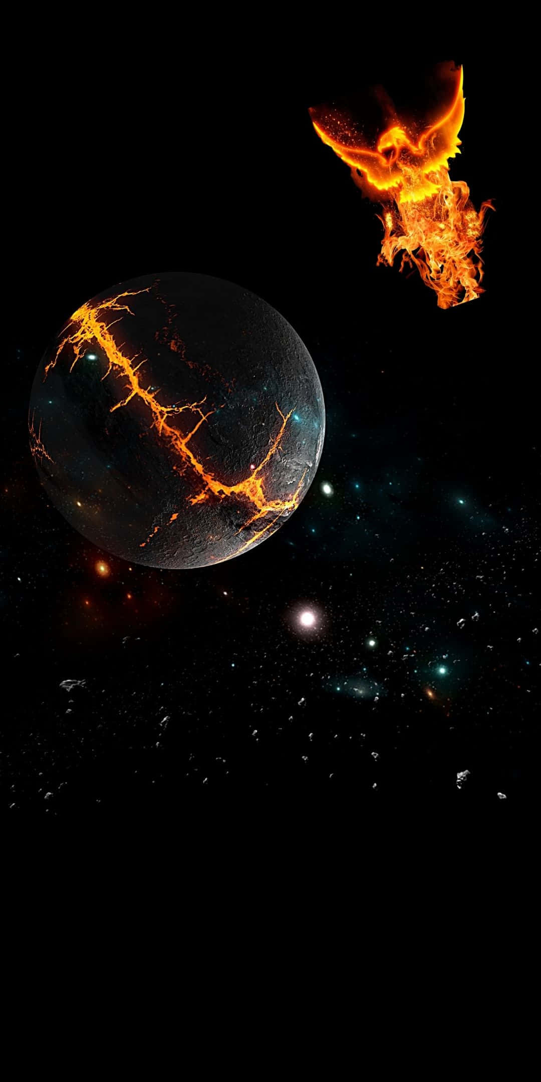 fireball, cracked lava planet, fiery phoenix, Full HD Phone Wallpaper