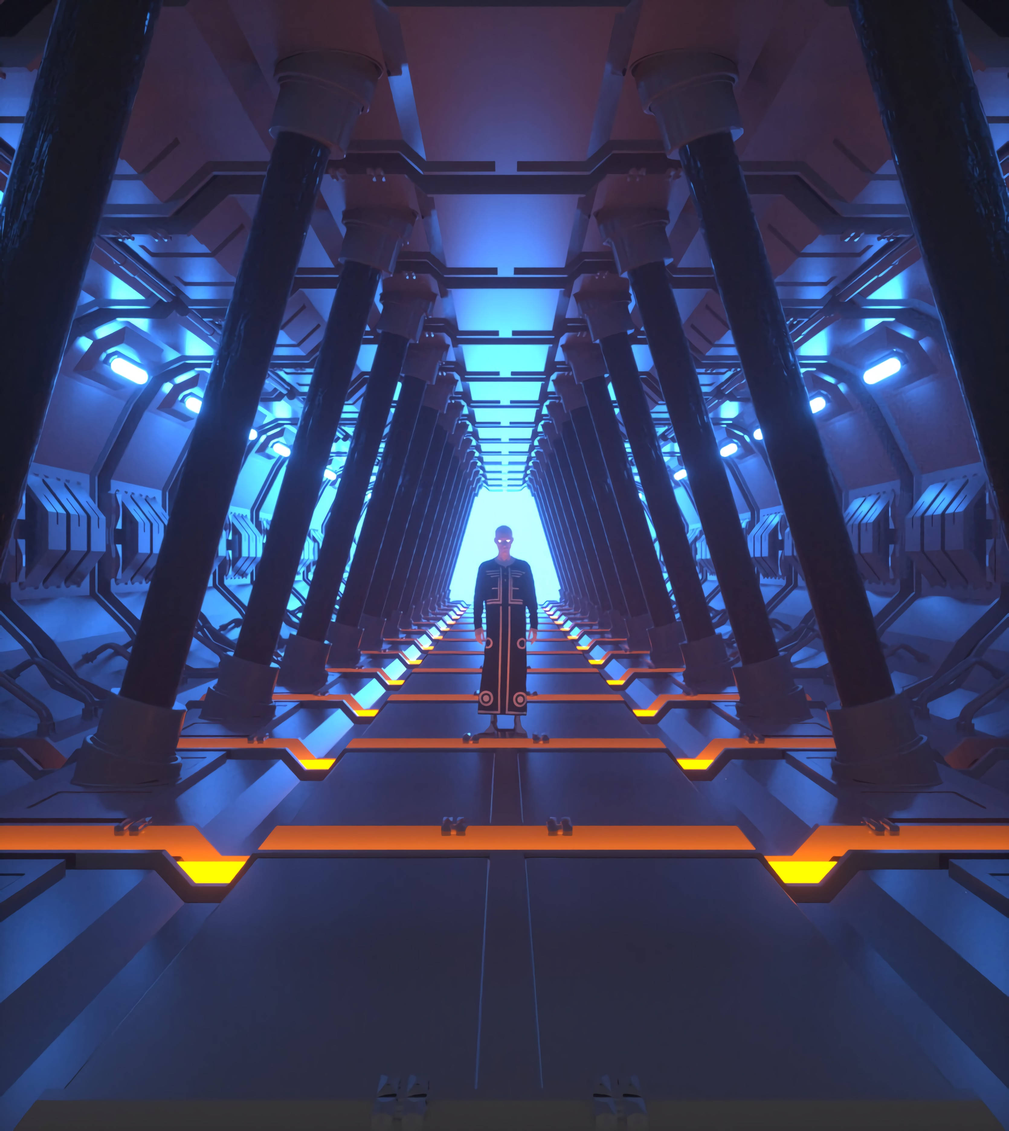 alien spaceship interior, futuristic blue and orange illuminated corridor, towering pillars, 2K Phone Wallpaper