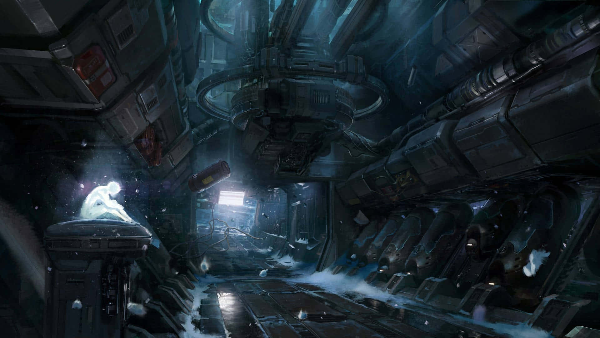 abandoned spacecraft corridor, glowing figure, snow-filled, Full HD Desktop Wallpaper