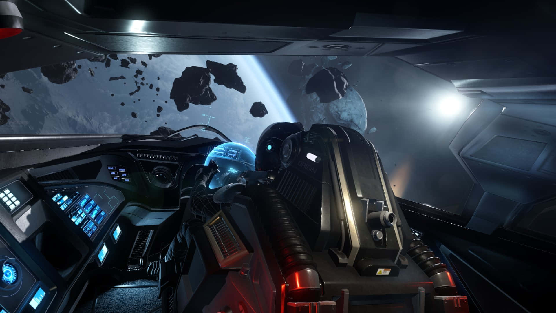 spaceship controls, asteroid field, glowing blue holographic controls, Full HD Desktop Wallpaper