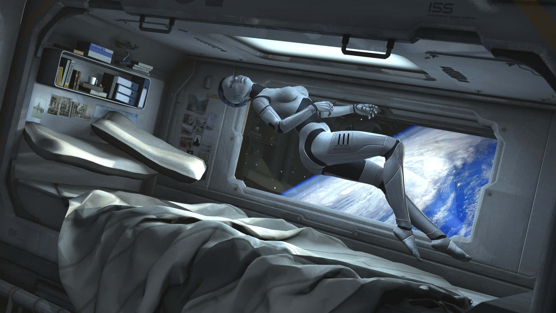 futuristic space station quarters, astronaut, space station bunk, Full HD Desktop Wallpaper