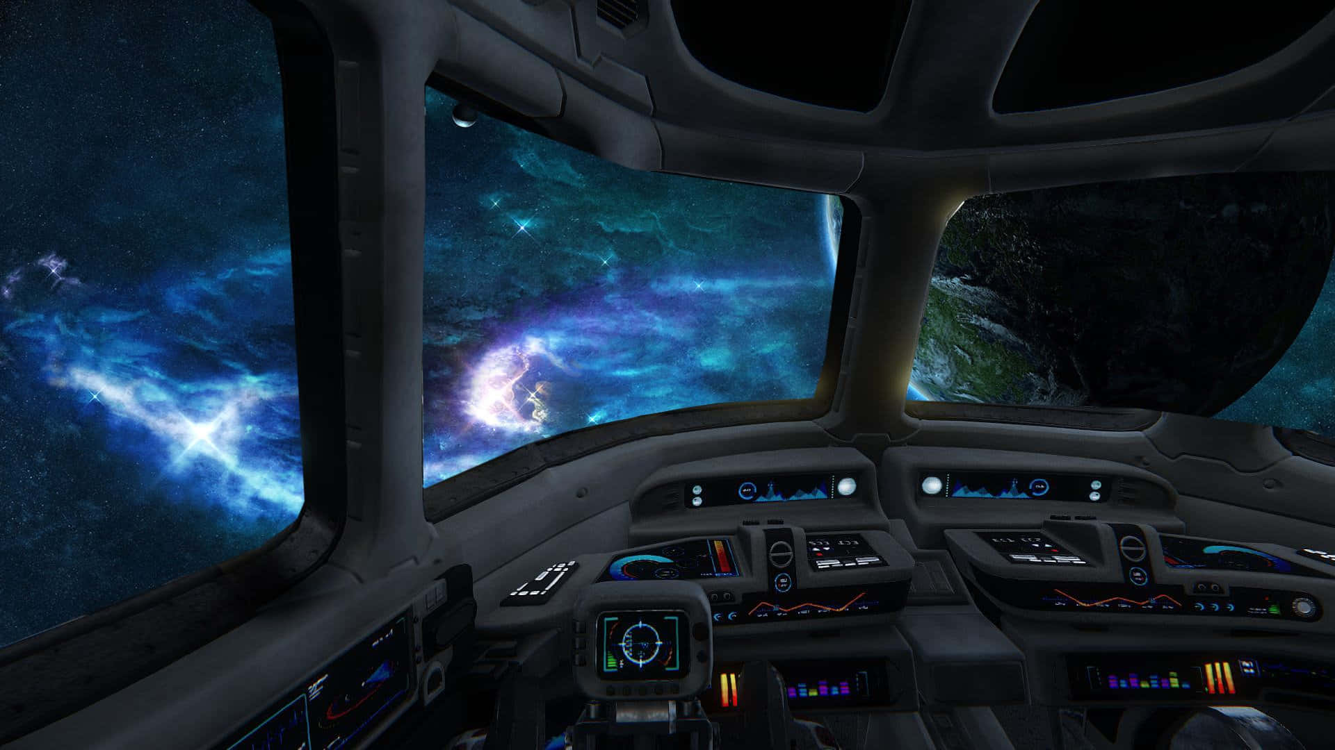 neon, futuristic spaceship cockpit, glowing controls, Full HD Desktop Wallpaper