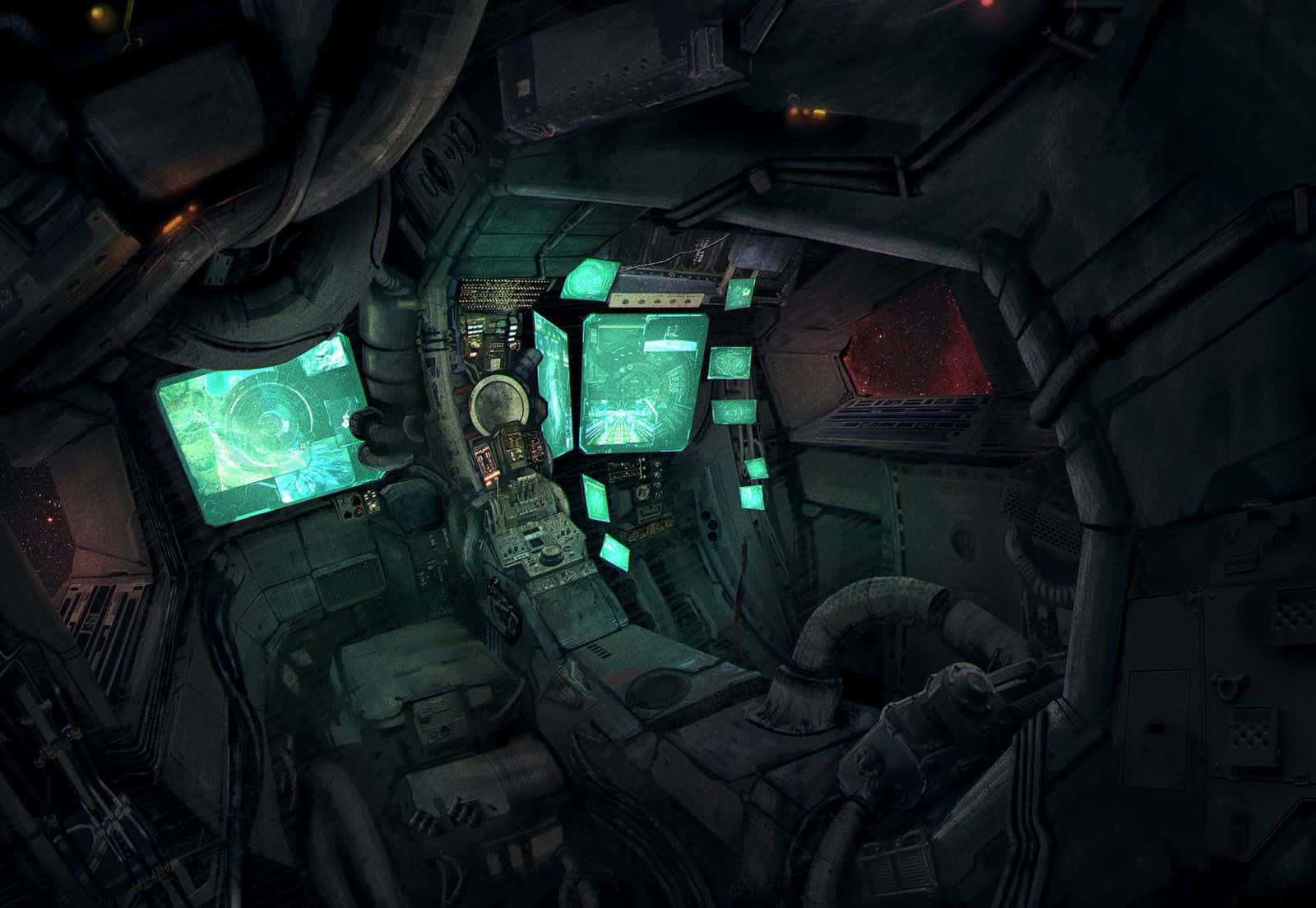 futuristic spaceship cockpit interior, glowing green screens, complex controls, HD Desktop Wallpaper