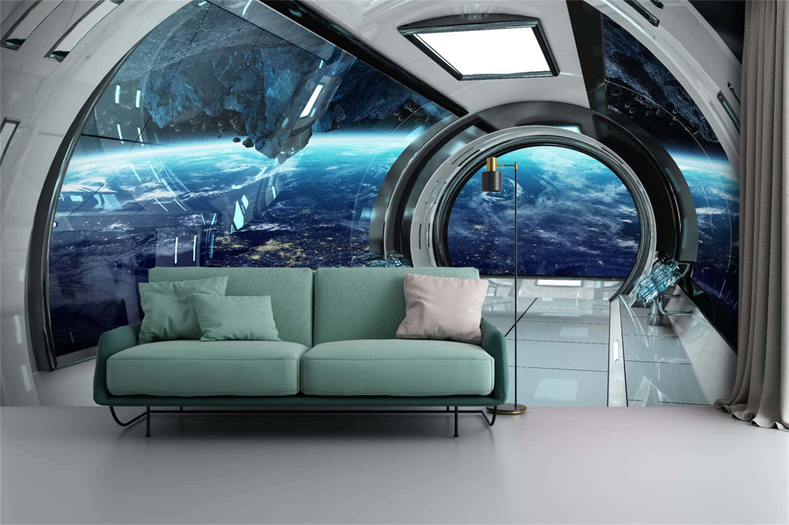 teal sofa, futuristic space station room, curved windows, HD Desktop Wallpaper