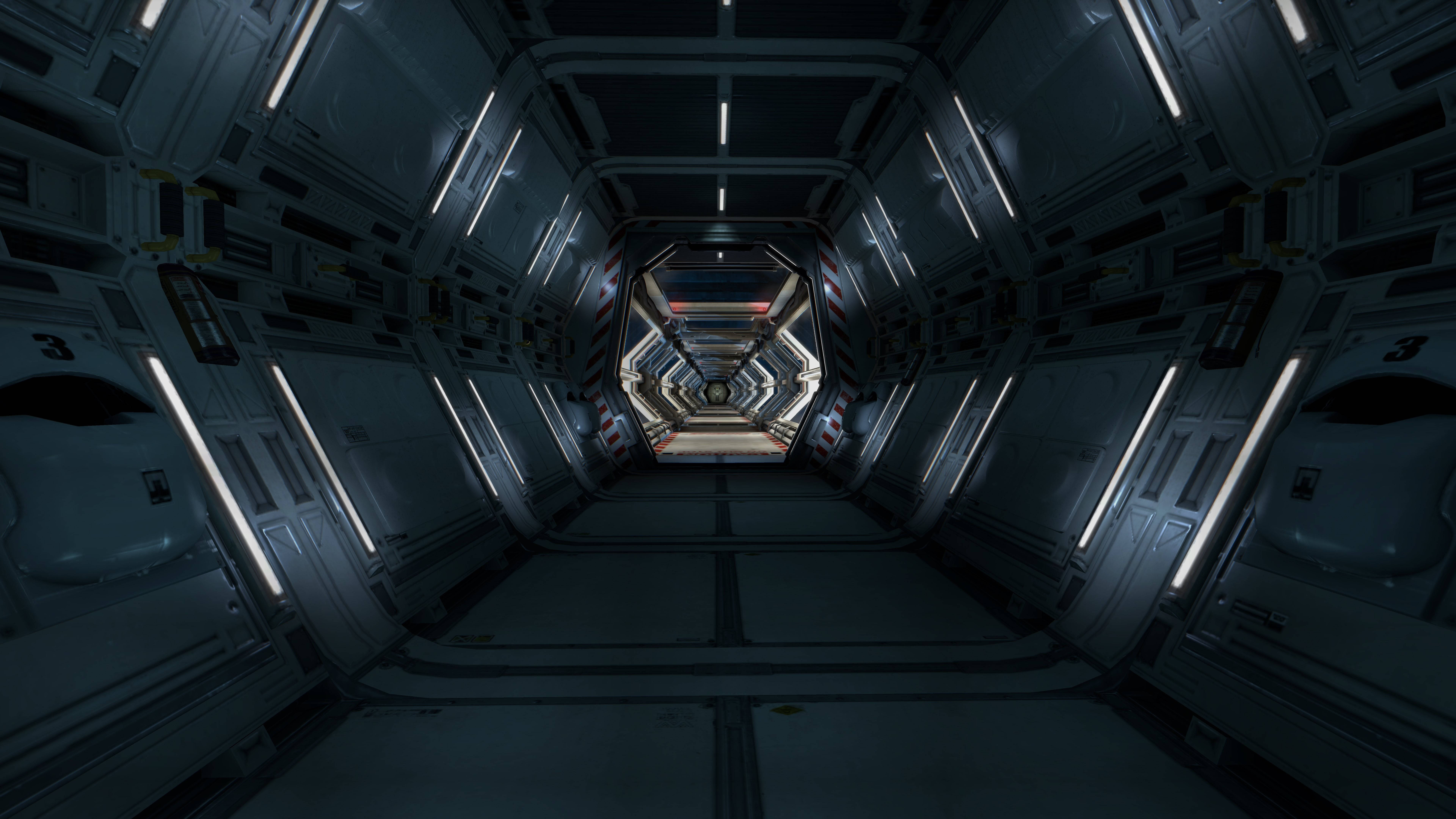 4K Ultra HD, dark spaceship, glowing white lights, 8K Desktop Wallpaper
