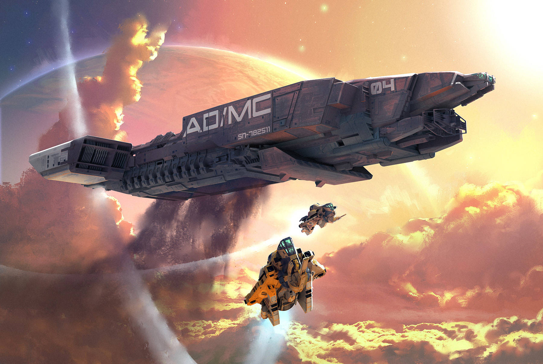 sci fi spaceship, fighter jets, vibrant sunset sky, HD Desktop Wallpaper