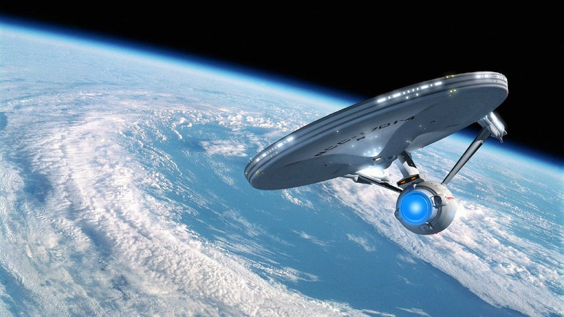 silver starship, Earth, swirling blue and white clouds, Full HD Desktop Wallpaper