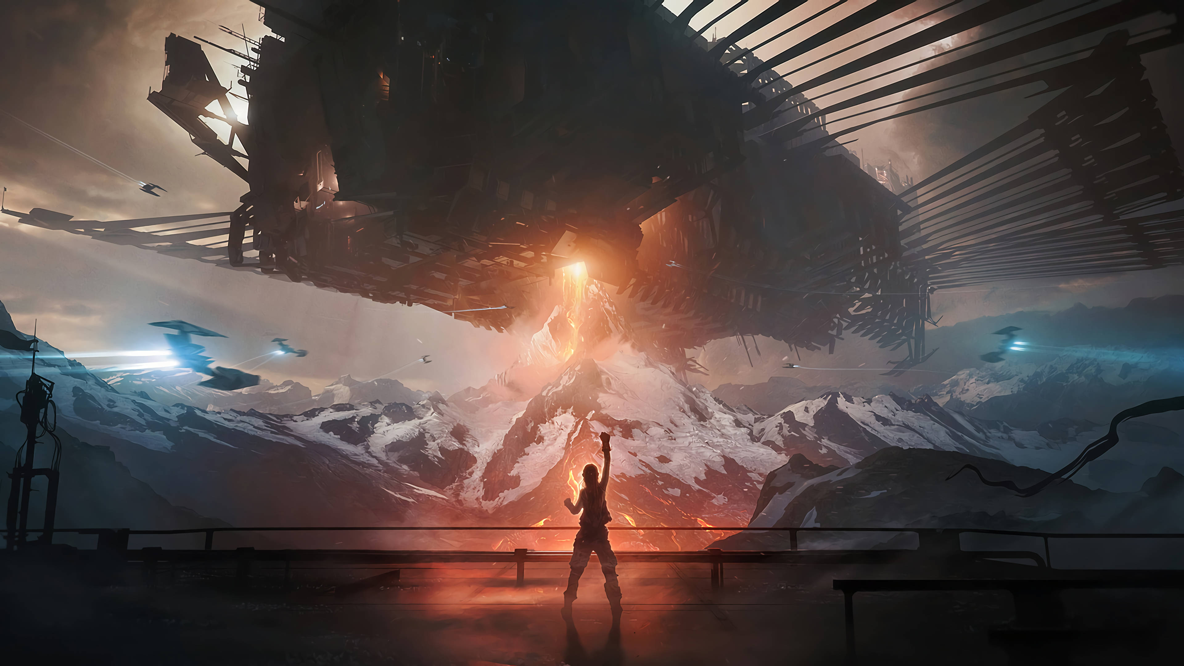 Spaceship, man, glowing ships, 4K Desktop Wallpaper