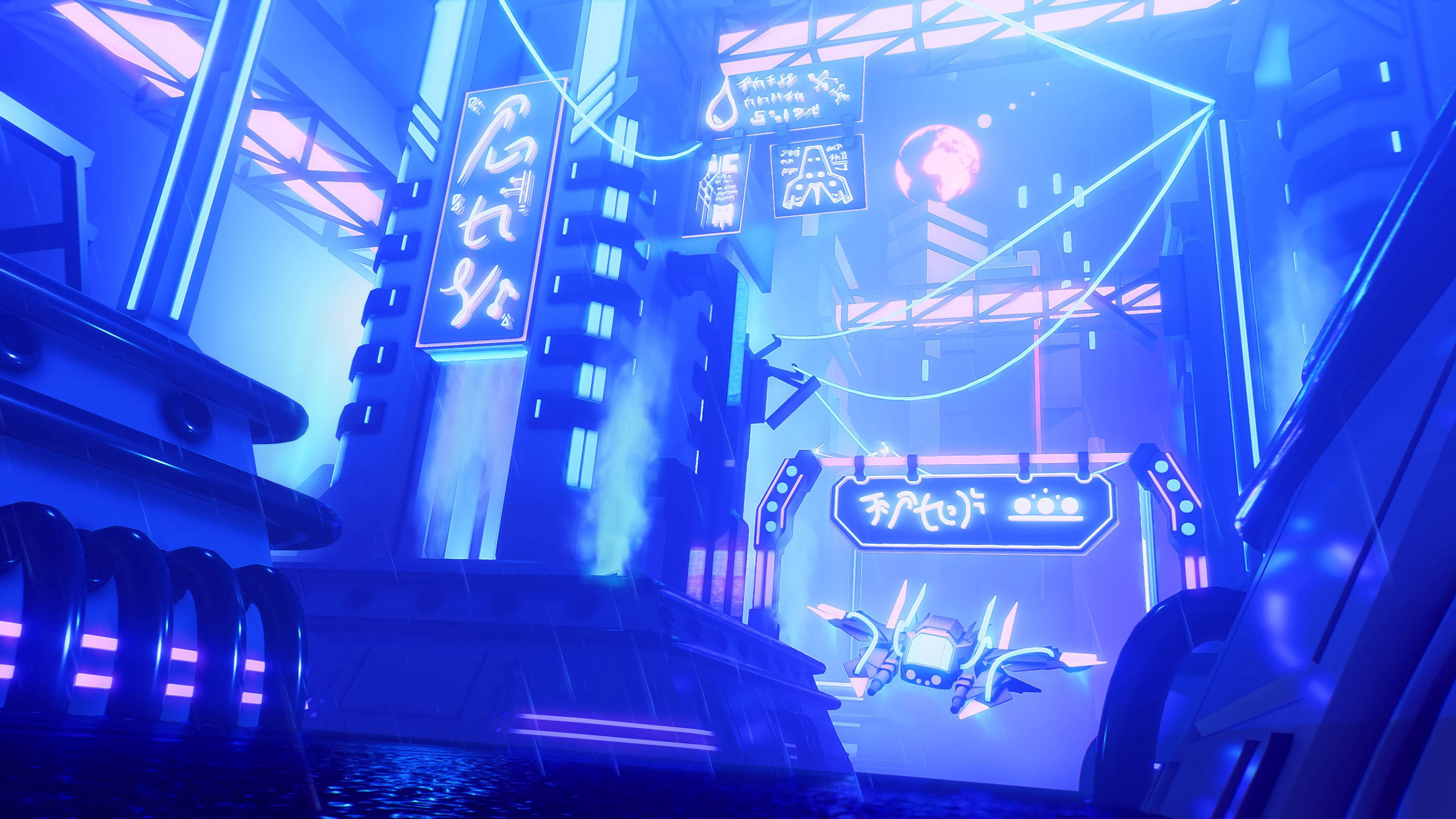futuristic battle patrol spaceship, cyberpunk cityscape, neon blue light, 4K Desktop Wallpaper