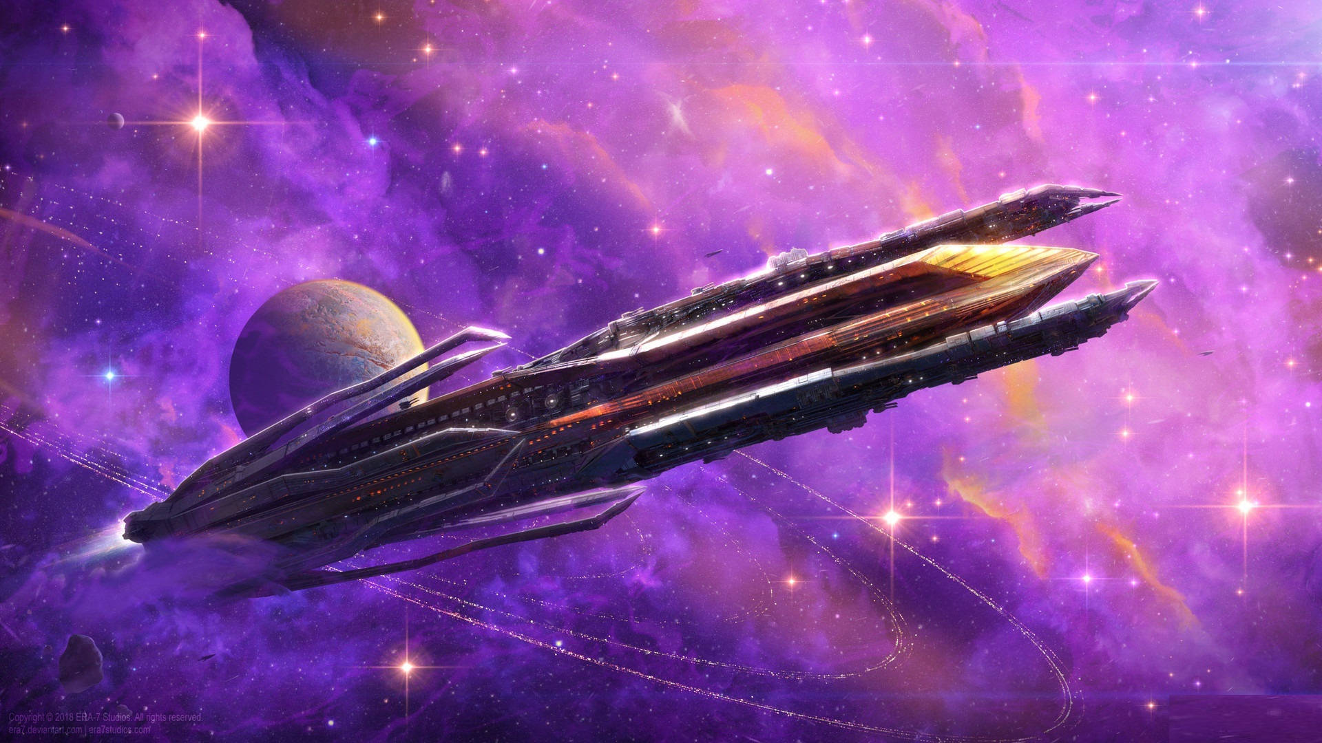 spaceship, purple nebula, glowing stars, Full HD Desktop Wallpaper
