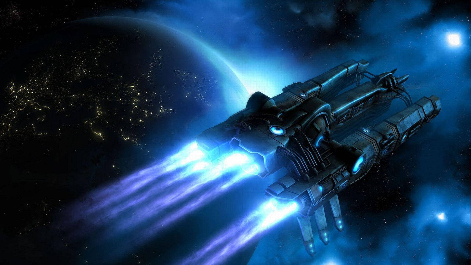 blue spaceship, glowing blue engines, deep space, Full HD Desktop Wallpaper