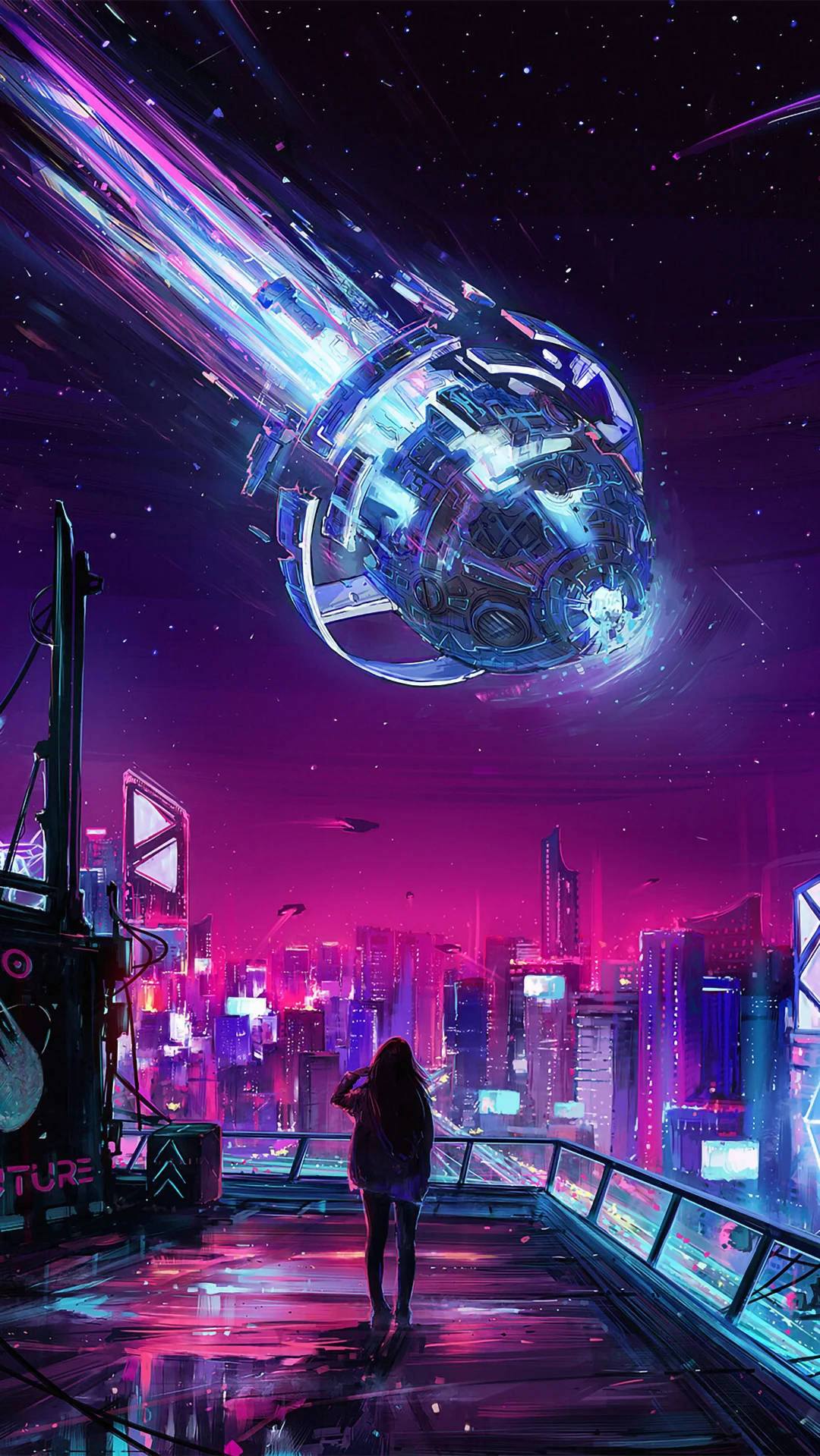 Cyberpunk iPhone Spaceship, neon-drenched cyberpunk city, glowing futuristic spaceship, HD Phone Wallpaper