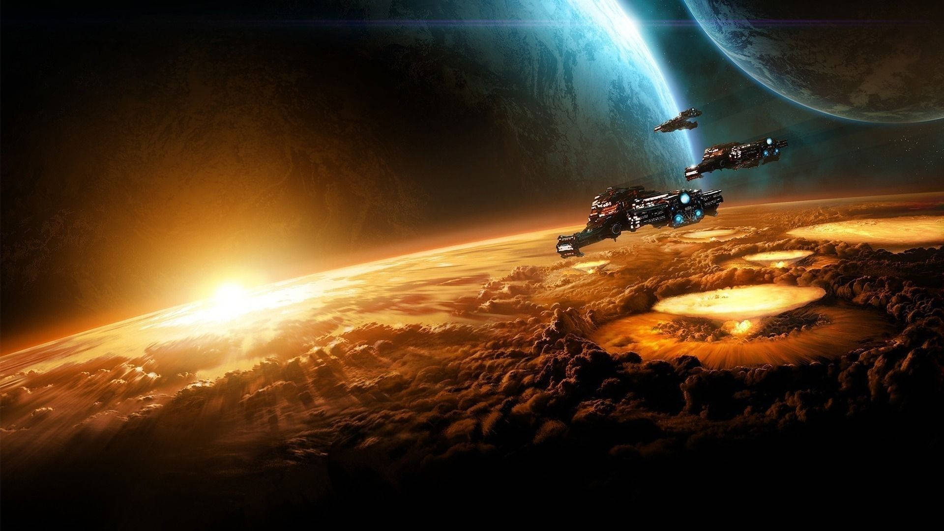 Spaceship, exploding planet, glowing alien planet, Full HD Desktop Wallpaper