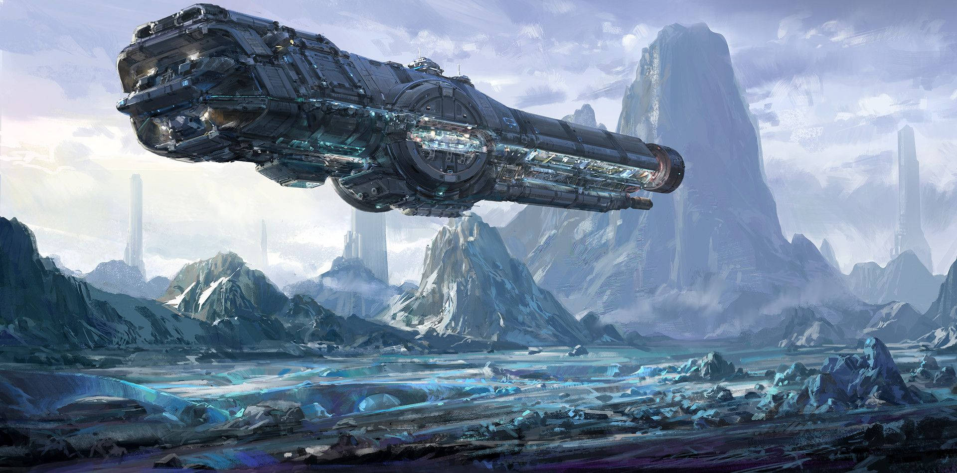 futuristic spaceship, frozen alien landscape, jagged ice mountains, Full HD Desktop Wallpaper