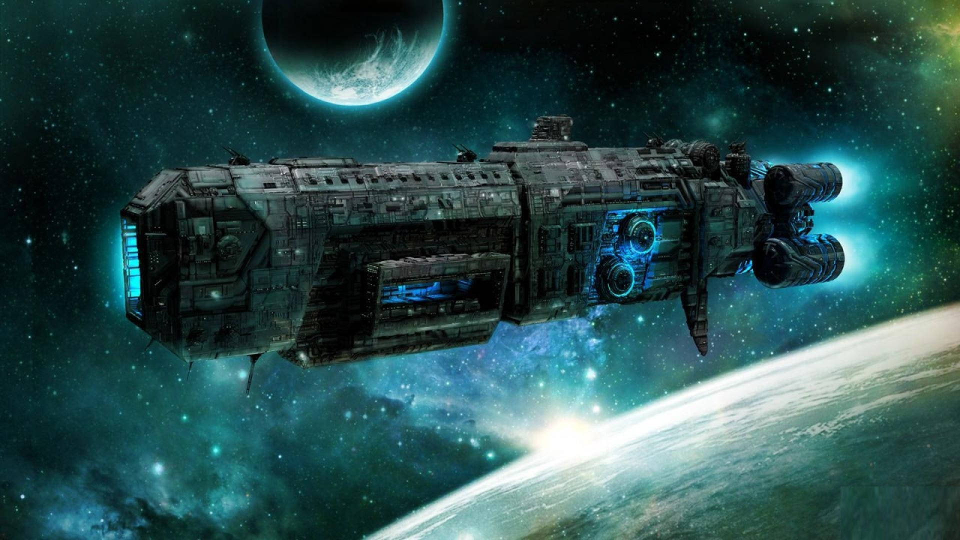 spaceship, moon, glowing blue engines, Full HD Desktop Wallpaper