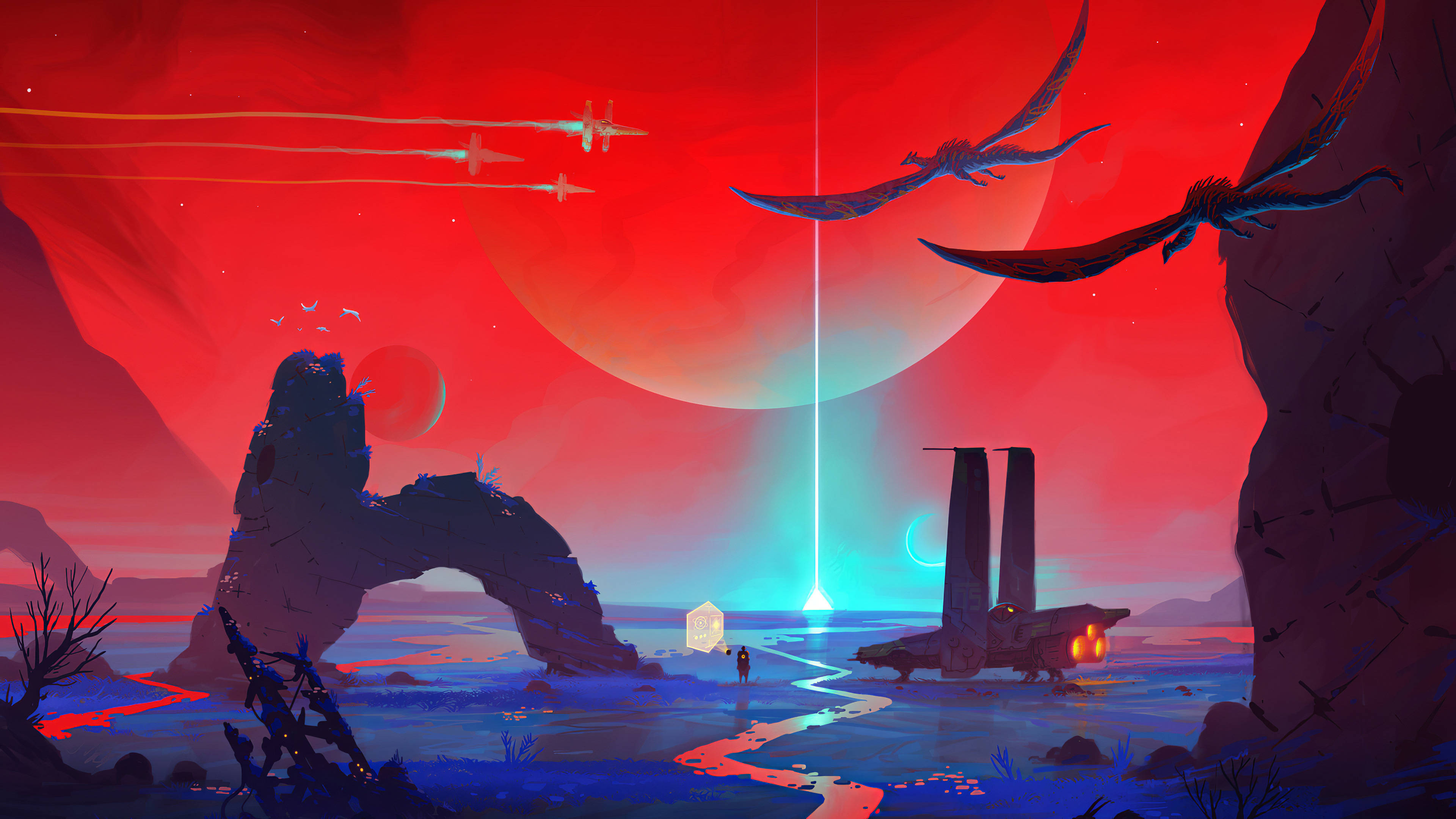 Spaceship, crimson sky, glowing beam, 4K Desktop Wallpaper