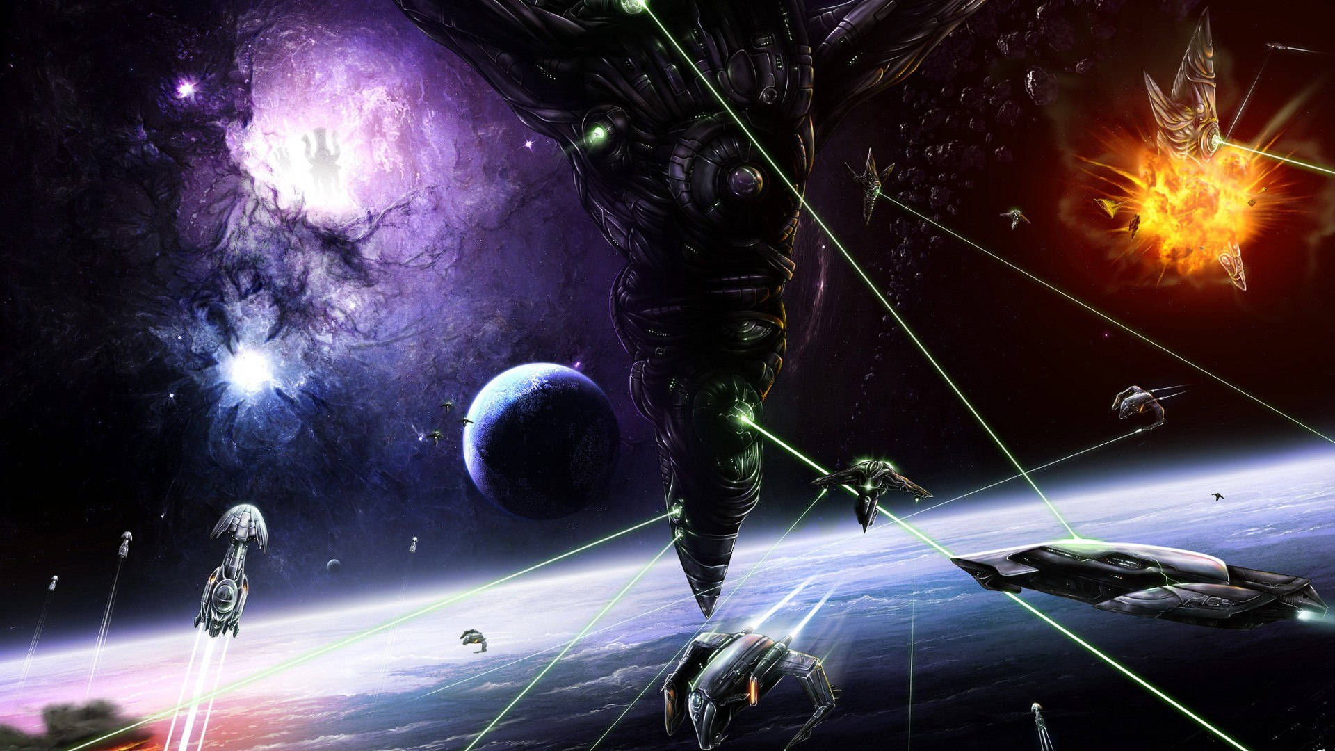 alien warship, planet, laser fire, Full HD Desktop Wallpaper