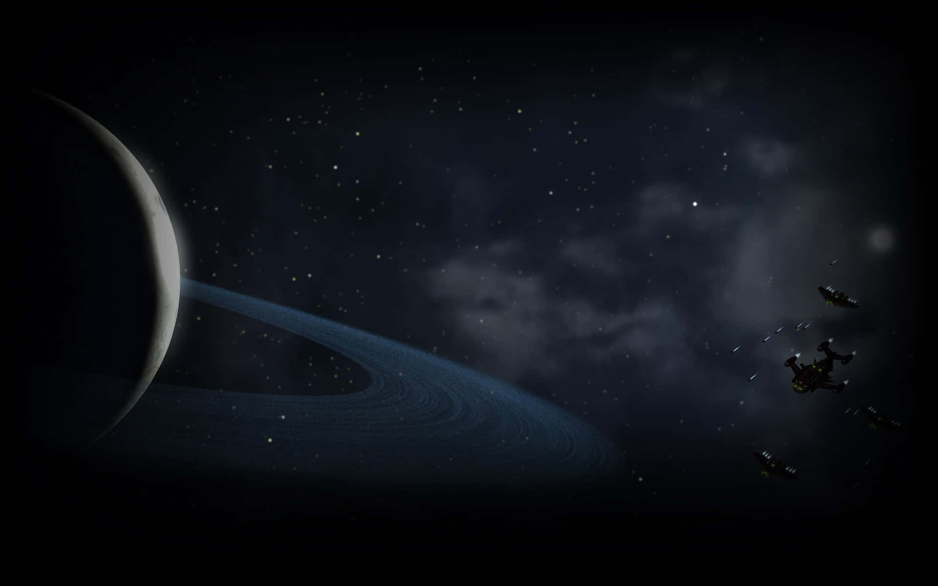 spaceships, starfield, ringed planet, Full HD Desktop Wallpaper