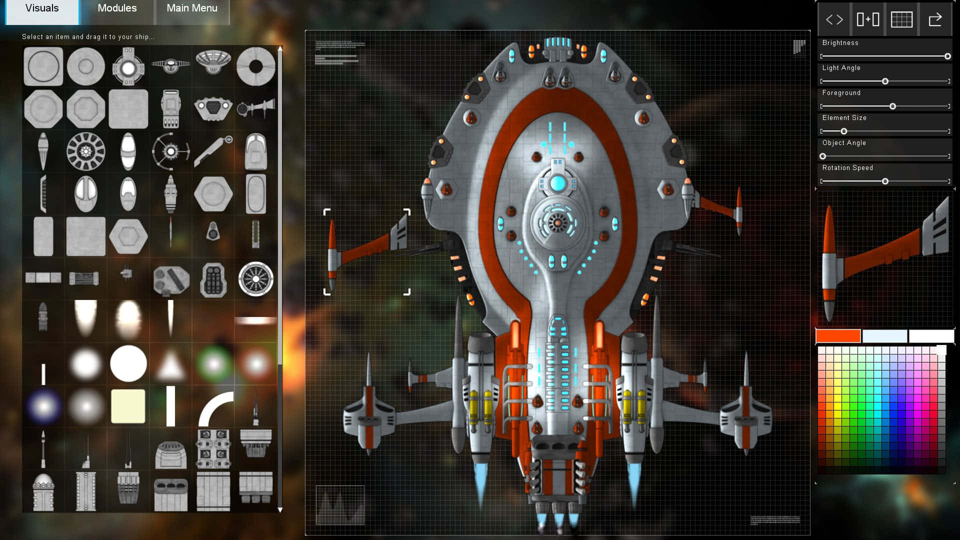 futuristic spaceship, modular components, glowing blue accents, Full HD Desktop Wallpaper