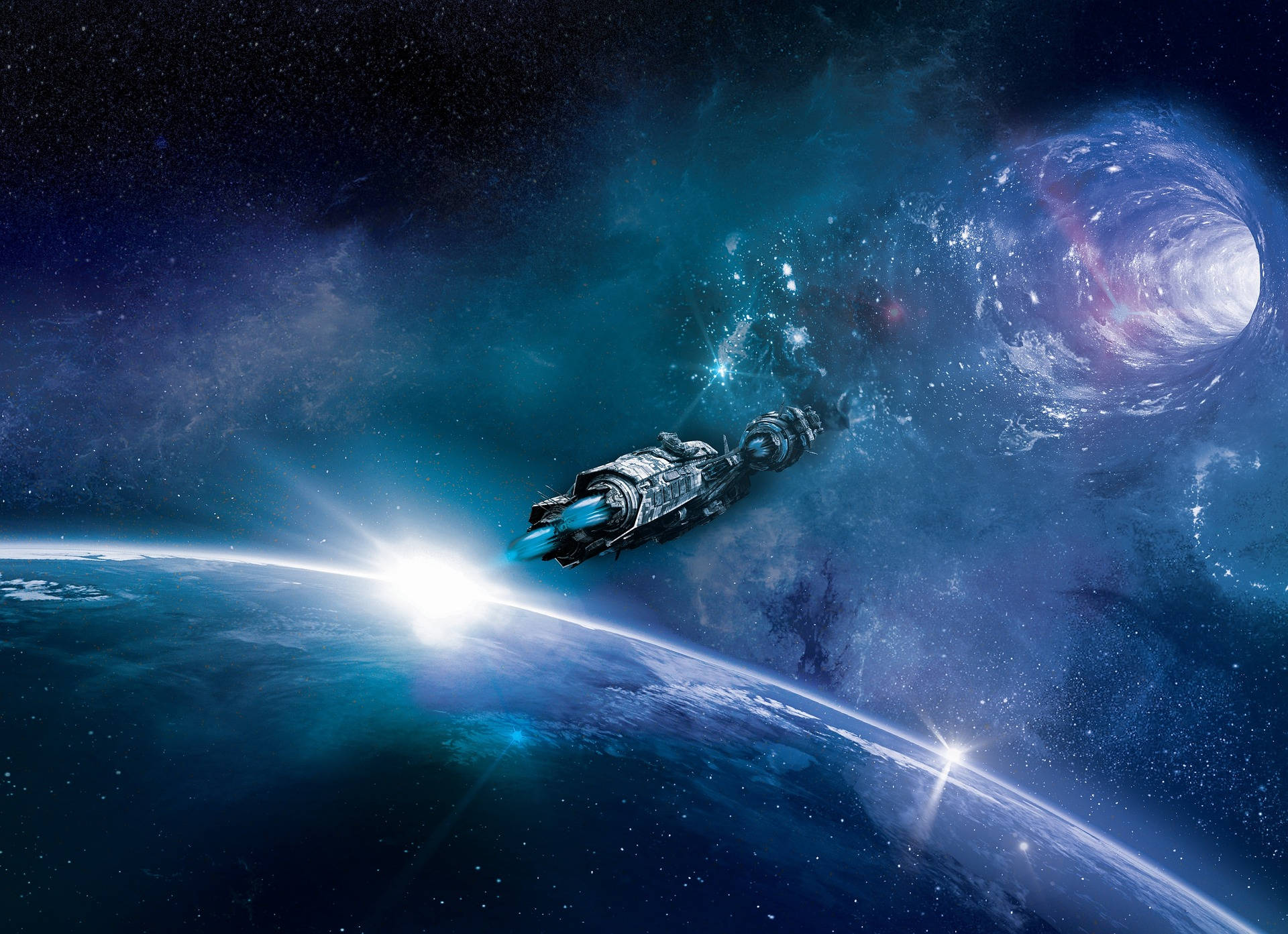 futuristic spaceship, glowing blue engines, planet's curved horizon, Full HD Desktop Wallpaper