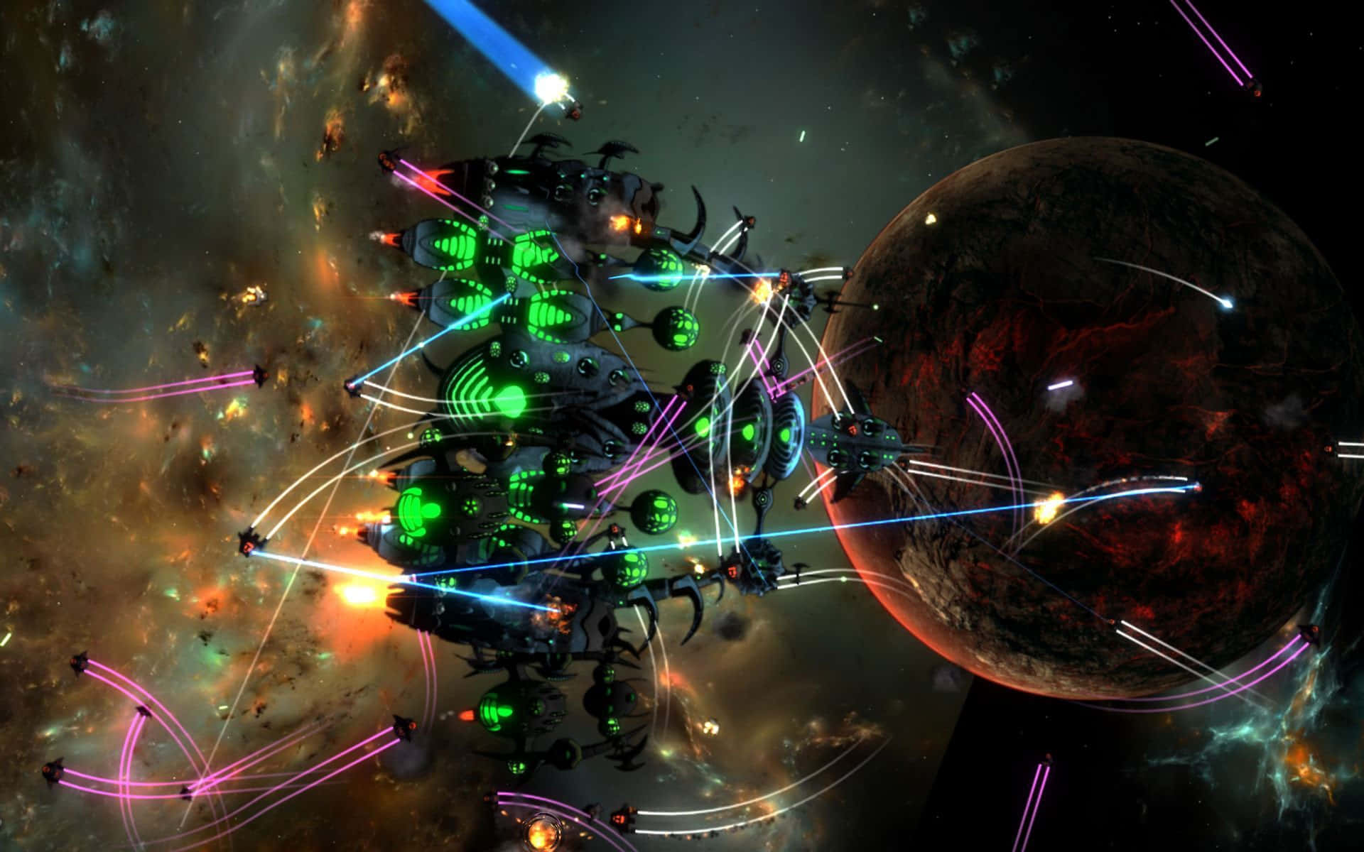 futuristic spaceship fleet, glowing lasers, cosmic battle, Full HD Desktop Wallpaper