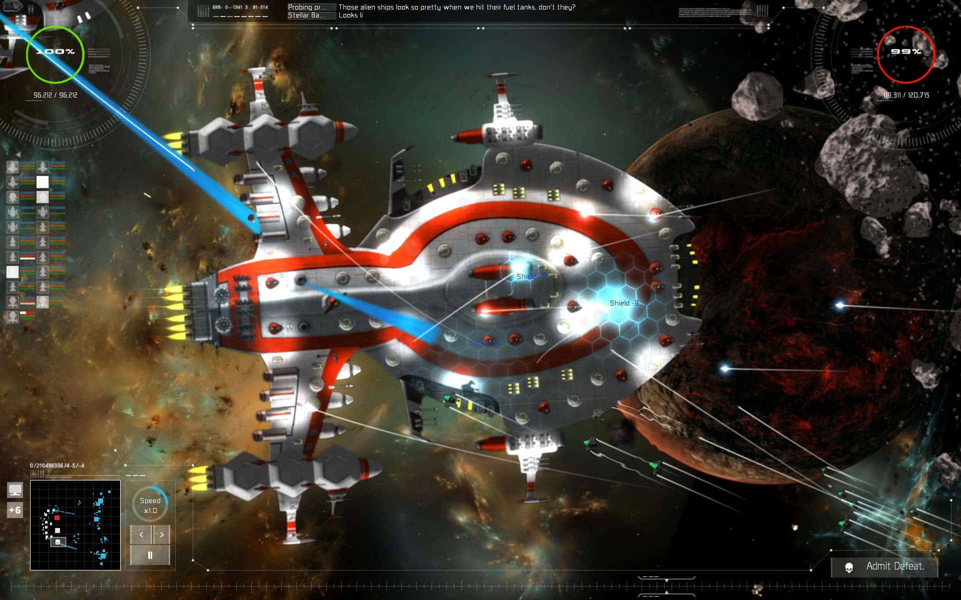 gratuitous red battleship, futuristic spaceship, blue lasers, Full HD Desktop Wallpaper