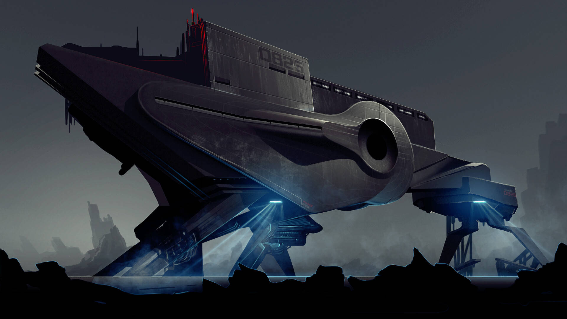 black spaceship, glowing blue lights, rocky alien landscape, Full HD Desktop Wallpaper