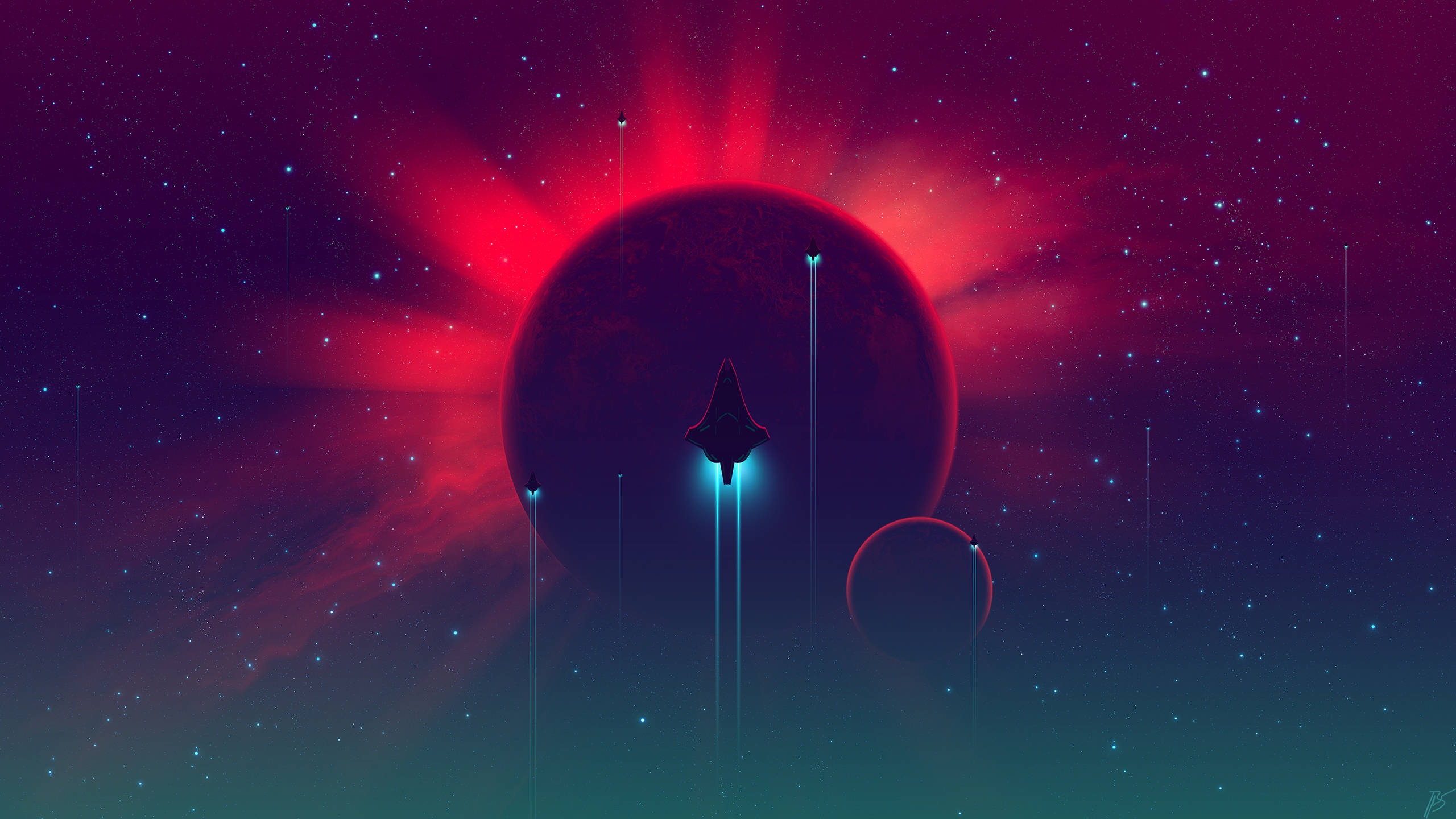 minimalist spaceship, glowing red planet, starry cosmic backdrop, 2K Desktop Wallpaper