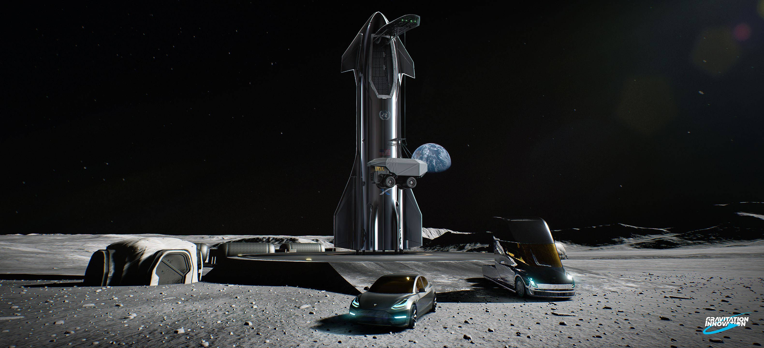SpaceX Starship, lunar base, futuristic Teslas, 2K Desktop Wallpaper