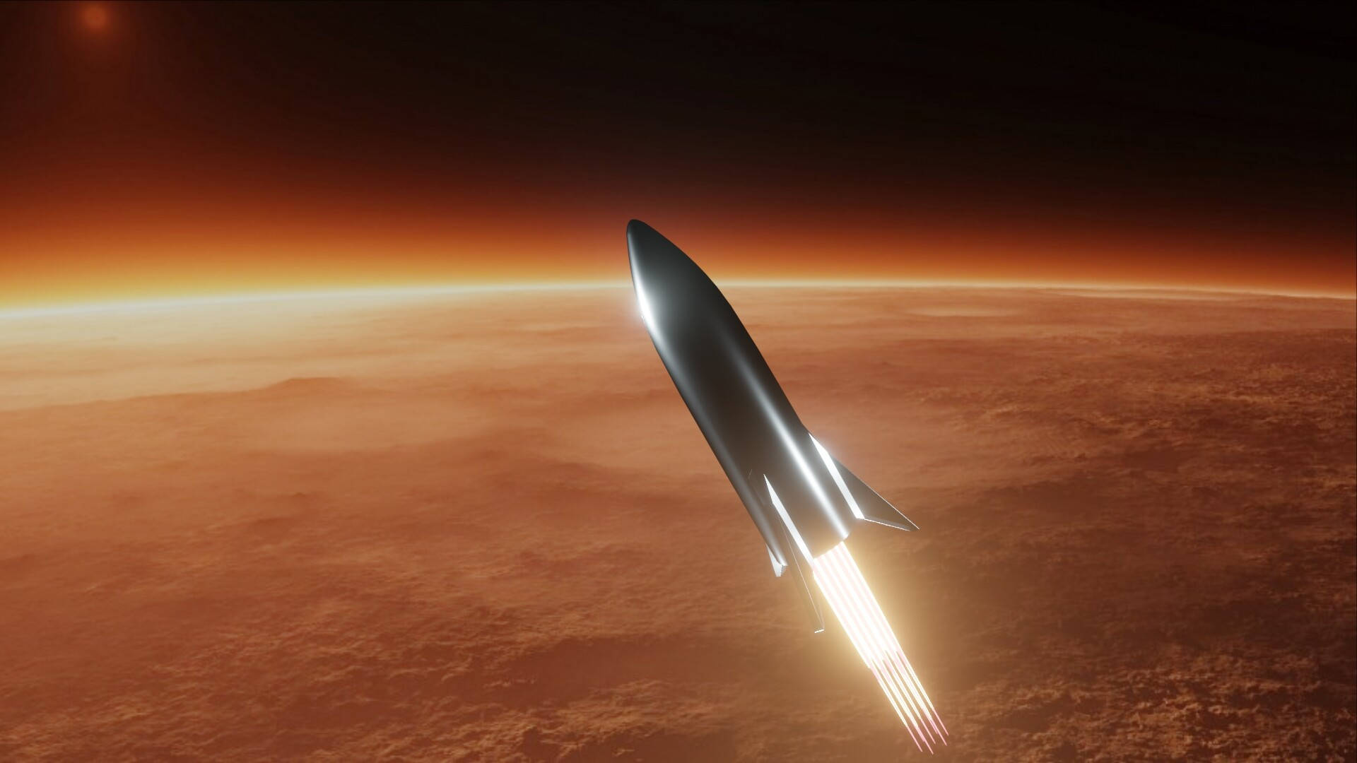 SpaceX Starship, sleek black rocket, fiery orange atmosphere, Full HD Desktop Wallpaper