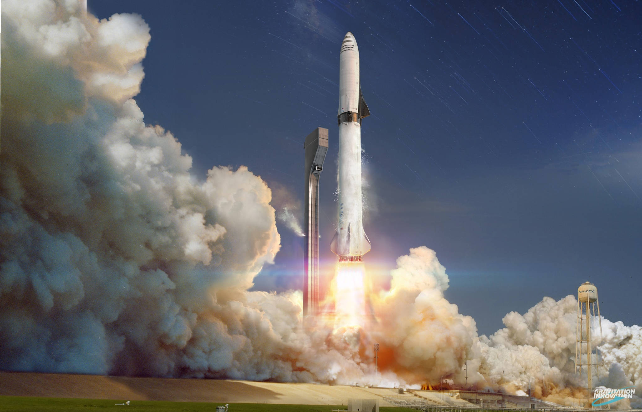 SpaceX Starship, launch pad, starry night sky, Full HD Desktop Wallpaper