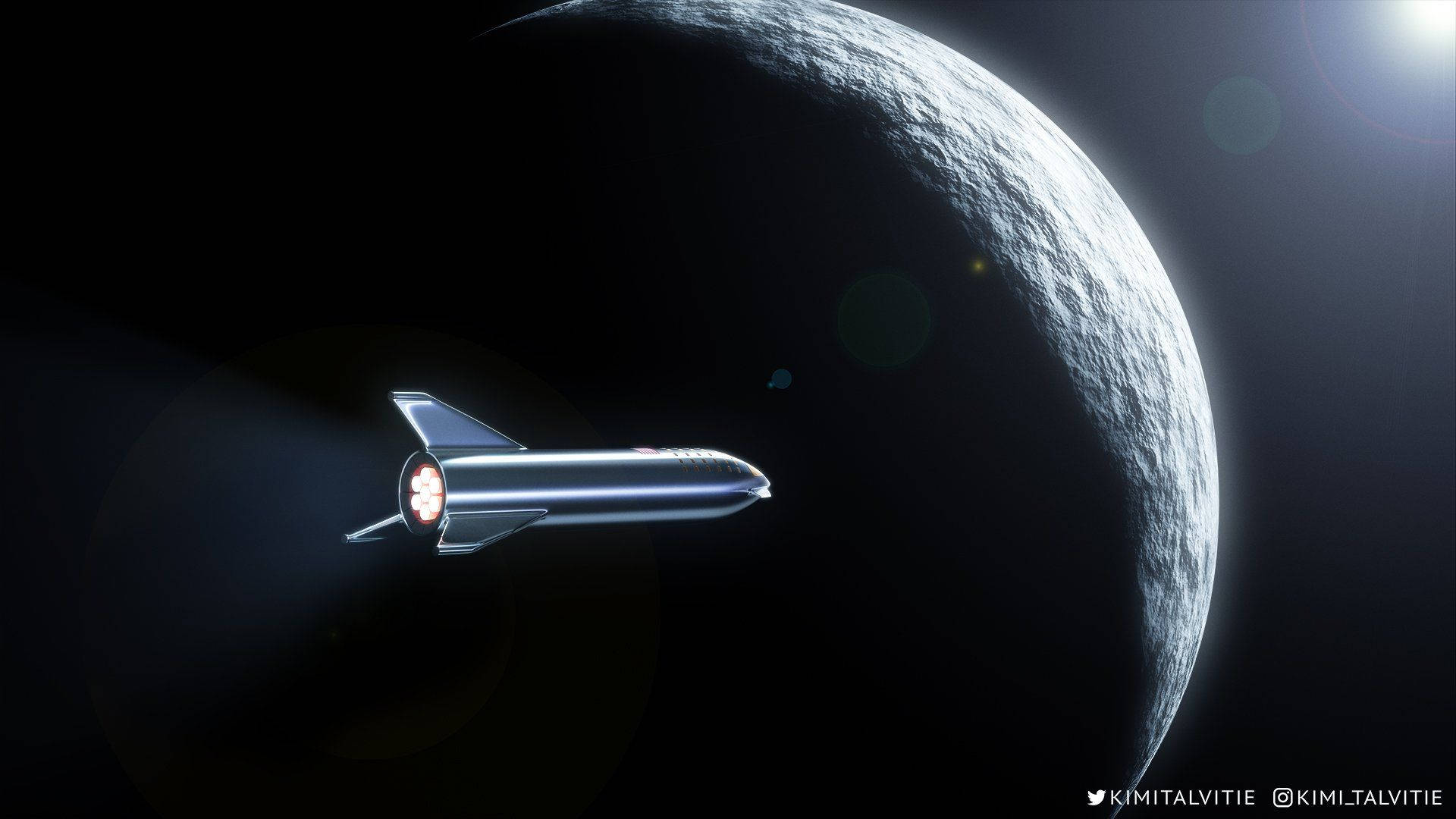SpaceX Starship, sleek silver spaceship, glowing engine, Full HD Desktop Wallpaper