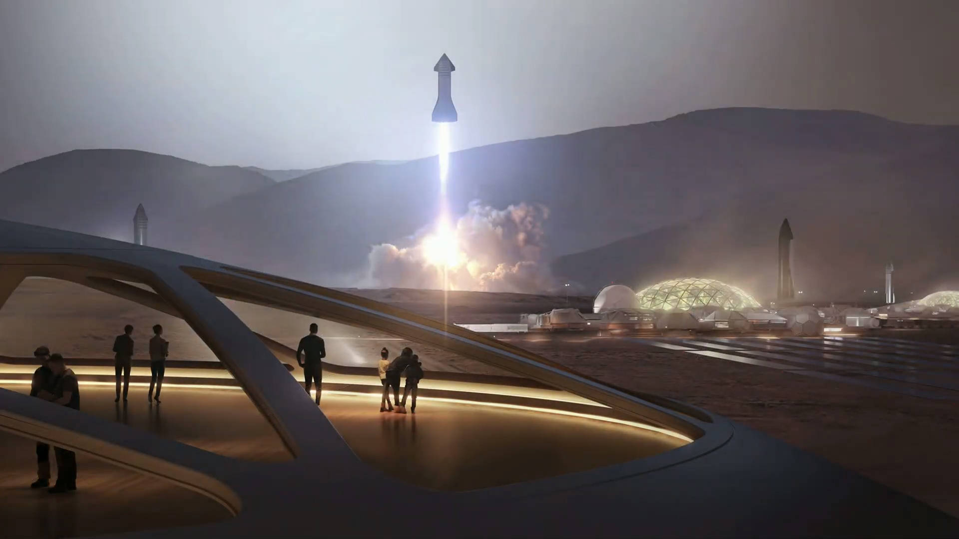 SpaceX Starship, Martian base, glowing observation deck, Full HD Desktop Wallpaper